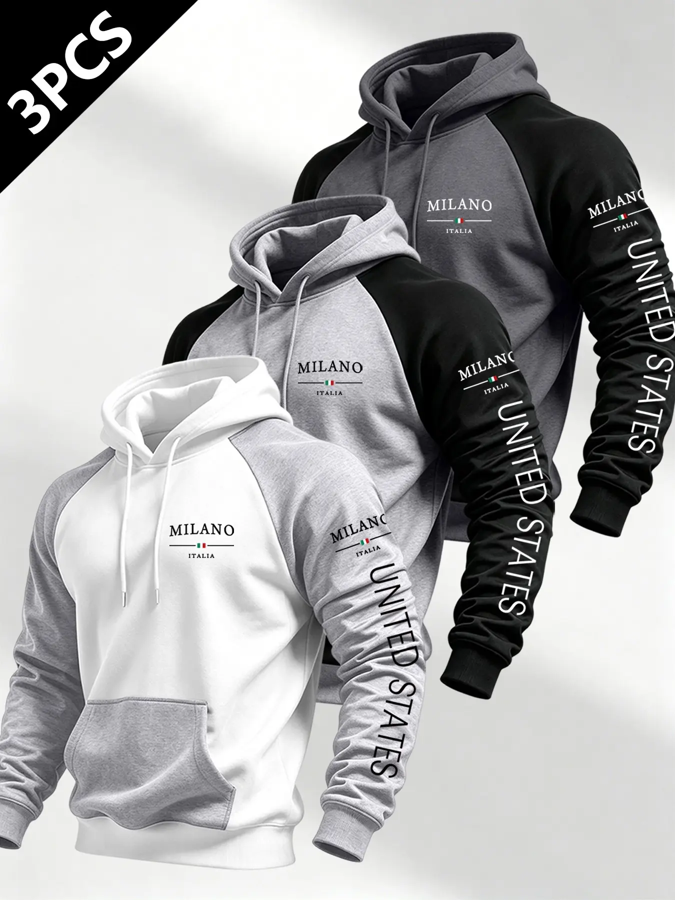 3-Pack Men's Milano Patchwork Hoodie, Usa Text Long Sleeves, Colorblock Casual Fitted Sweatshirt, Fall Winter Daily Wear