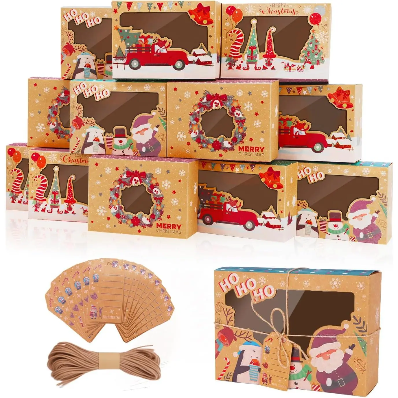 12 count Christmas Cookie Boxes for  Giving, Christmas Bakery  Boxes with Window, Holiday Cookie Boxes with Ribbons and Tags for Xmas Party Supplies Cookie Containers  Tins