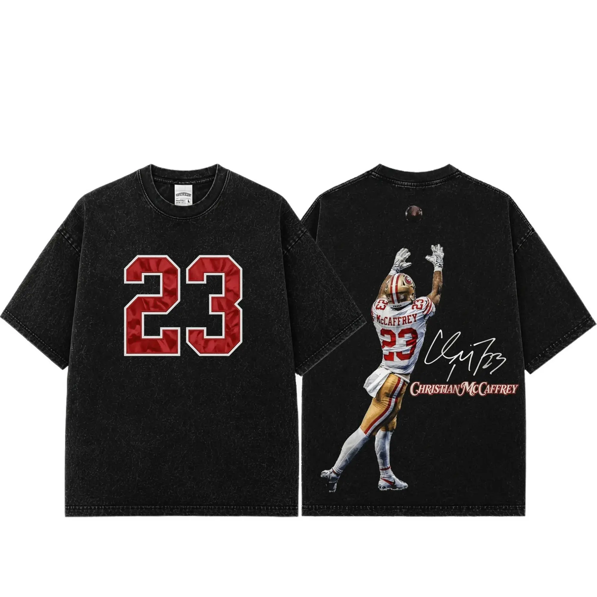 [Sale Up To 50%] Unisex Christian McCaffrey #23 Premium Acid Washed Cotton T-Shirt (Made in USA), Heavyweight Vintage Washed Graphic Tee, The Faithful Game Day Apparel, White Lightning Football Fan Top, Oversized Streetwear Gift