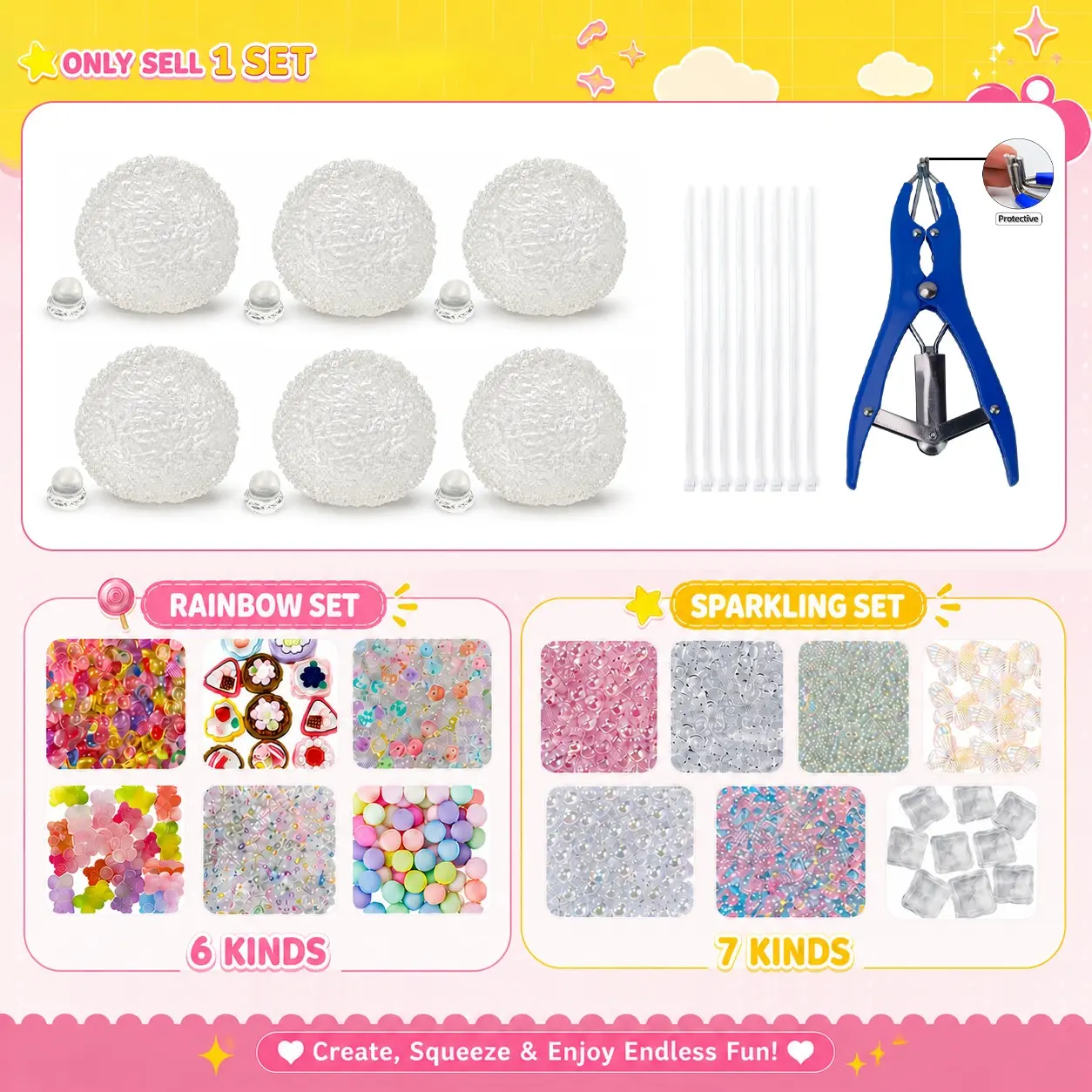 DIY Handmade Stress Relief Ball Kit, Two Series Bead Sets, Includes 6/7 Accessories, 6 Tpr Transparent Balls, Expander Tool with Plug, Decompression Squeeze Fidgets