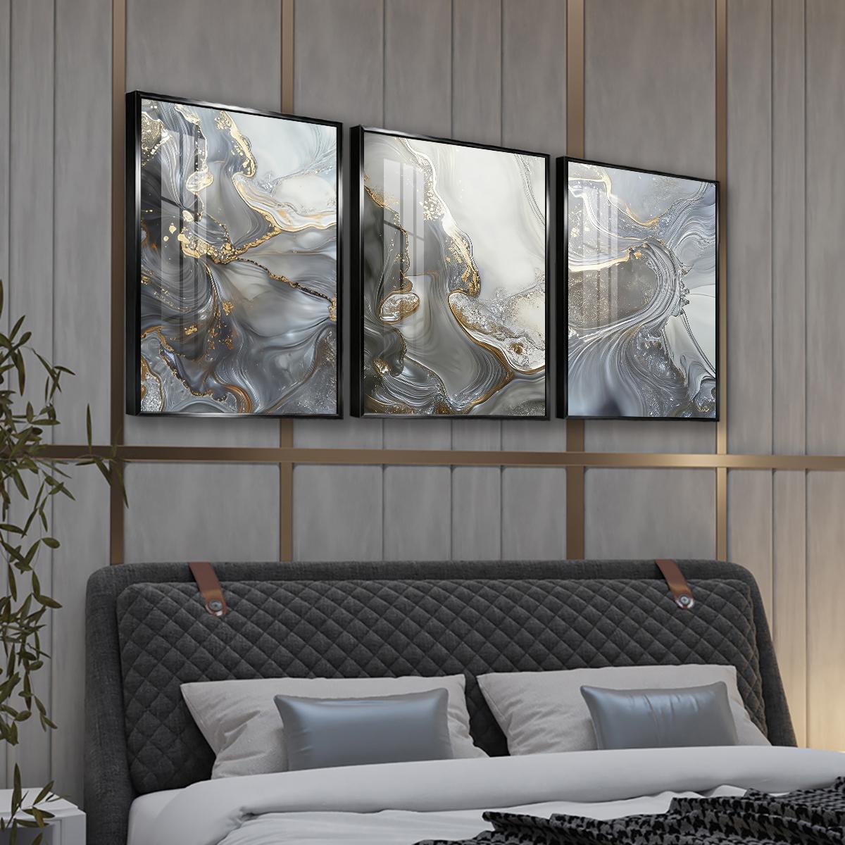 3 Counts Aluminum Alloy Framed Painting, Abstract Gray Gold Fluid Art Pictures, Home Decoration For Living Room, Bedroom, Office, Restaurant, Hallway Wall Decor, Odorless Print Artwork, Luxury Perfect Gift For Friends And Family