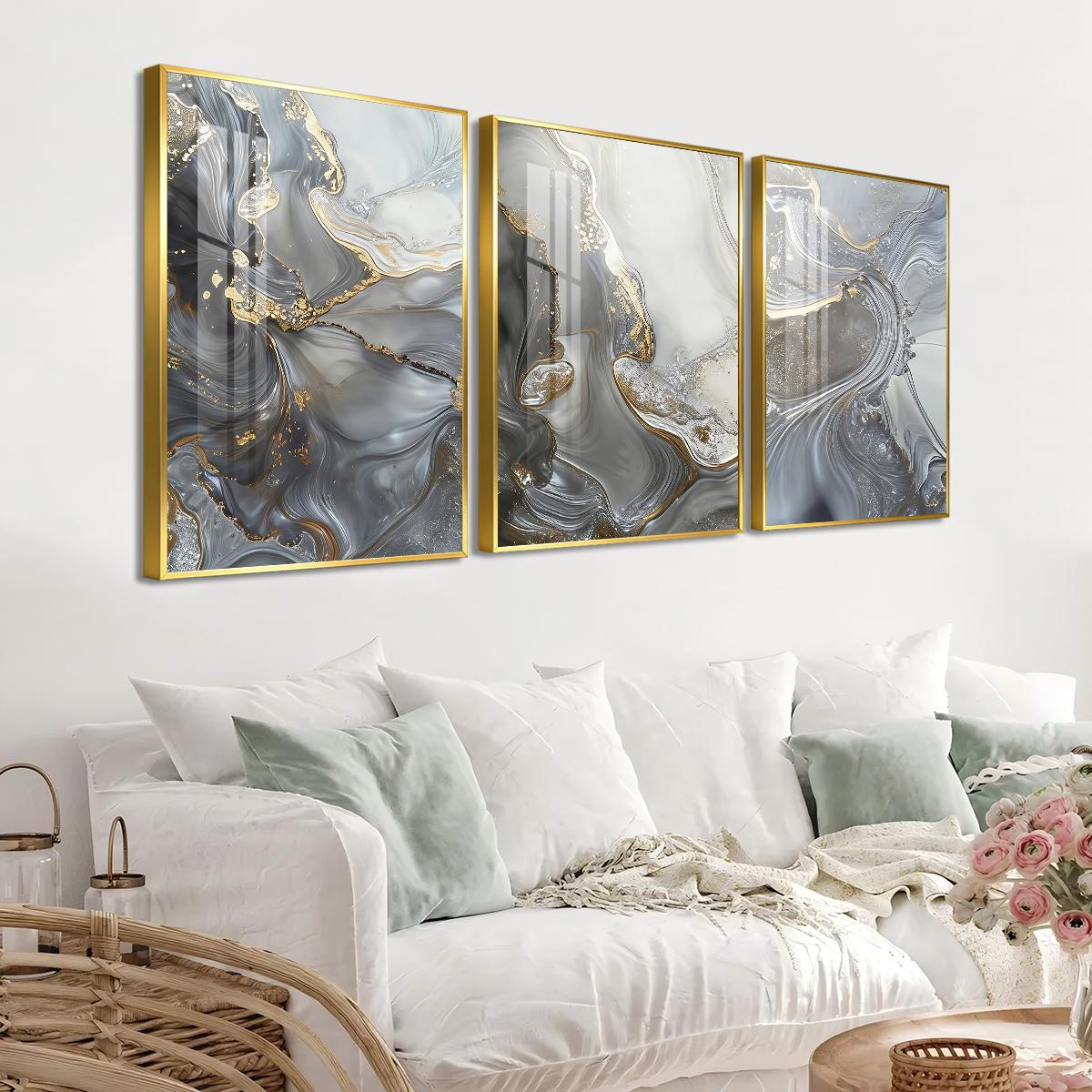 3 Counts Aluminum Alloy Framed Painting, Abstract Gray Gold Fluid Art Pictures, Home Decoration For Living Room, Bedroom, Office, Restaurant, Hallway Wall Decor, Odorless Print Artwork, Luxury Perfect Gift For Friends And Family
