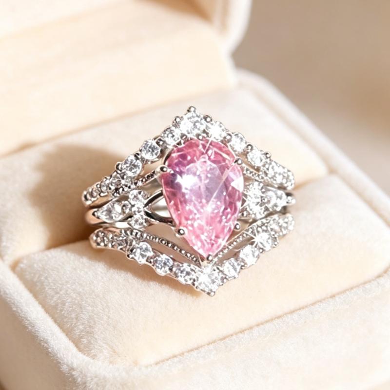 2pcs/ Set Pear‑Drop Two‑Piece Stackable Finger Ring, Angular Square‑Frame Pave‑Accent Stacking Band, Split‑Design Statement Ring for Women Valentine Date Night and Romantic Gathering Occasion
