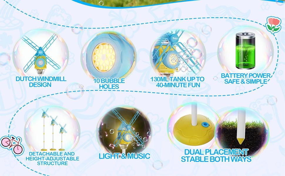 Automatic Windmill Bubble Machine, Adjustable Height, Colorful Lights, Music, Indoor Outdoor Use, Gift for Kids