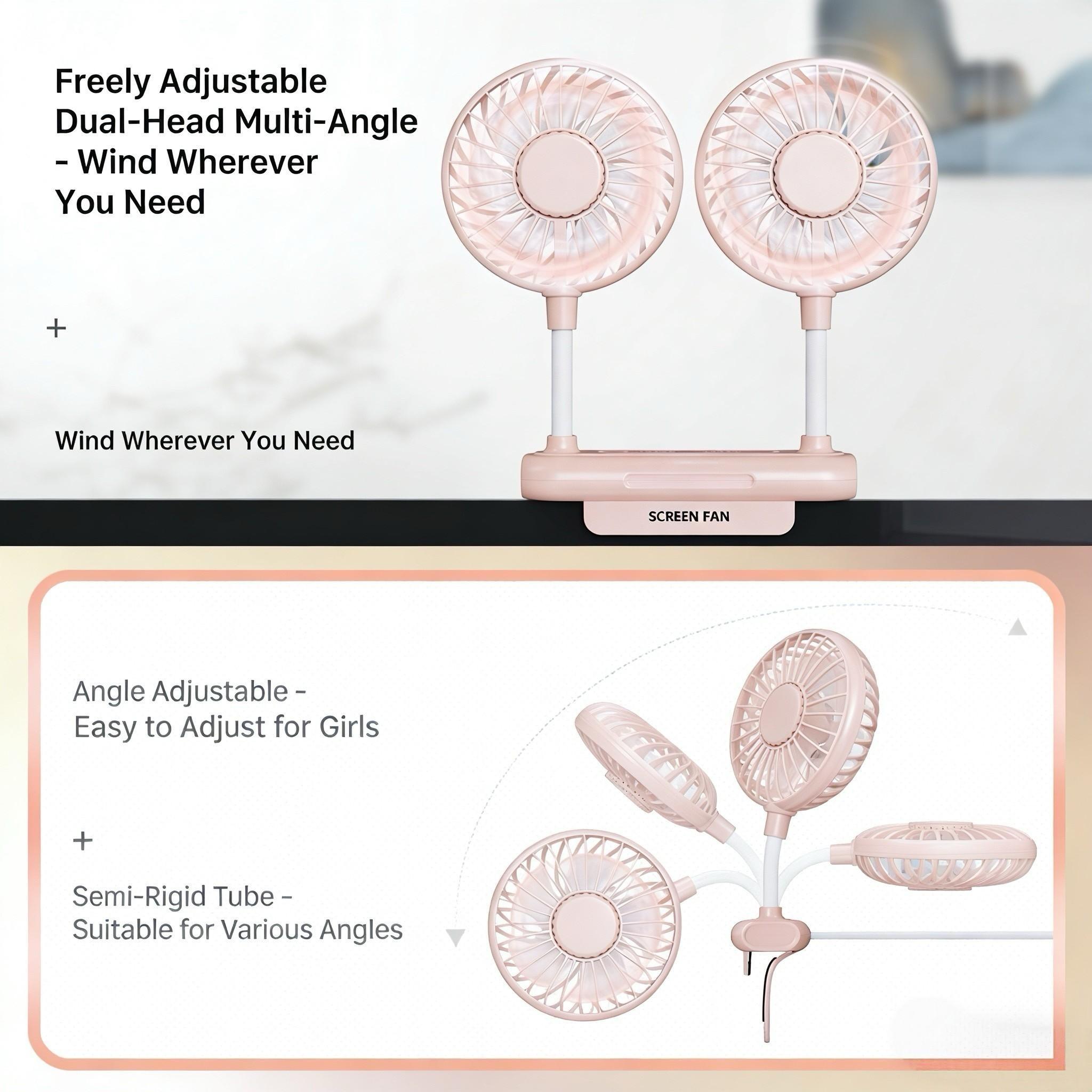 Desktop fan, monitor fan clip with 2 fan heads,3gear wind speed, office desk fan, USB powered cooling fan, quiet breeze, portable fan that does not take up space, suitable for laptops, games, homes, conferences, desktop computers