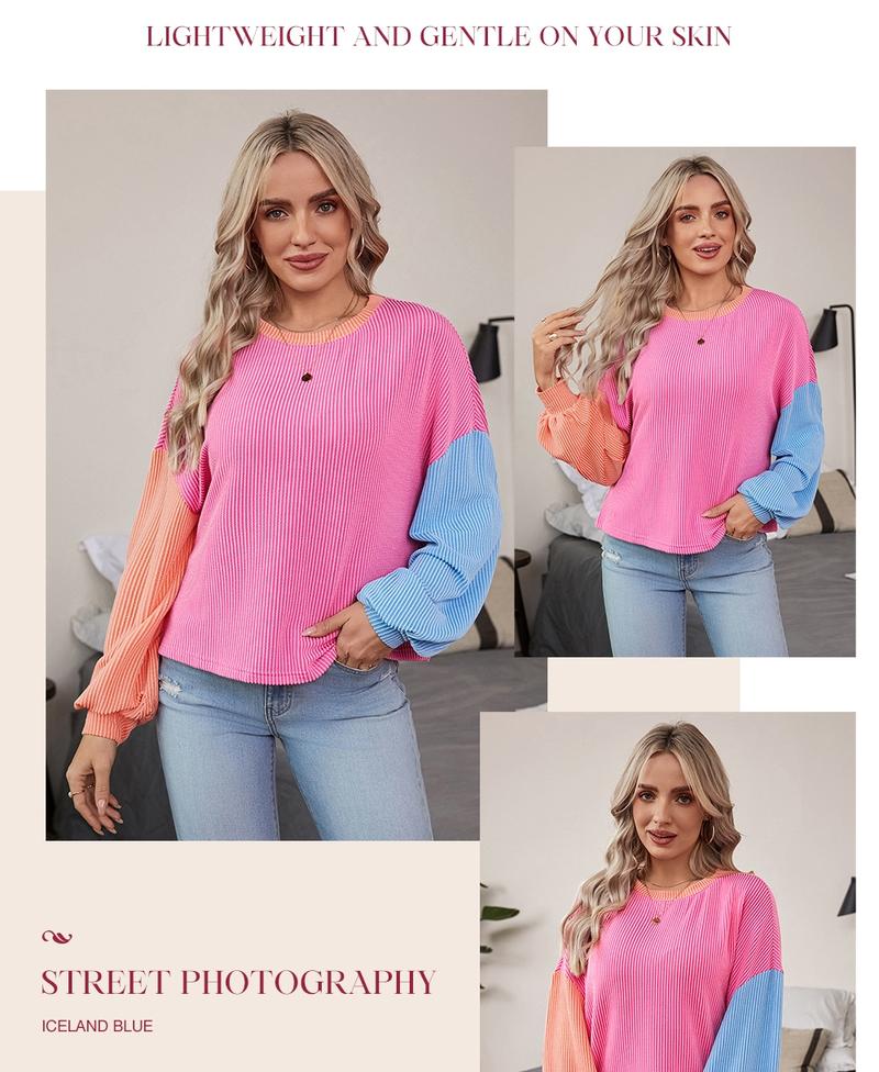 Women's Colorblock Twisted Ribbed Knit Dropped Shoulder Cropped Sweatshirt, Casual Round Neck for Fall Winter, Ladies Daily Wear, Casual Pullover Tops