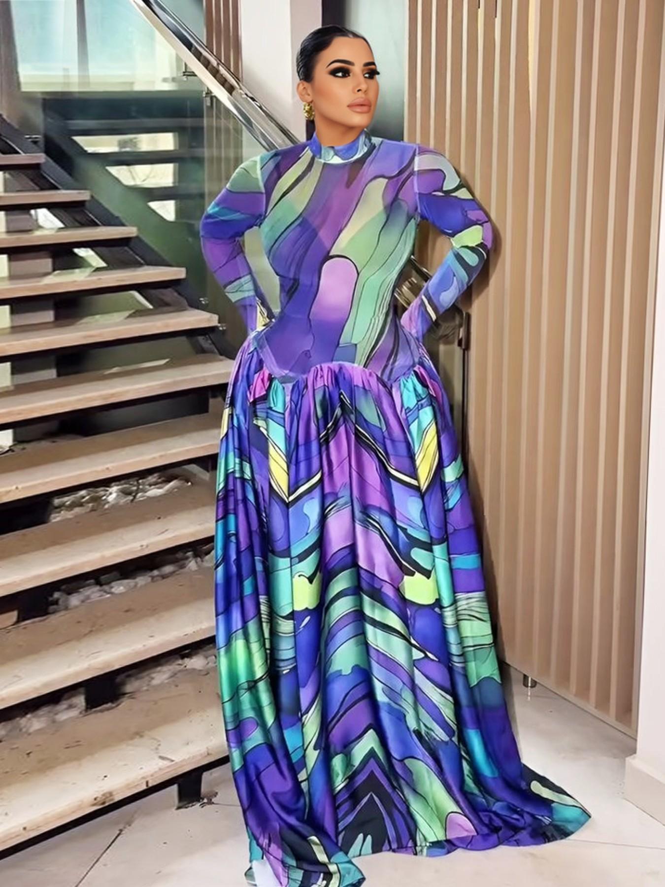 Women's Colorful Abstract Print High Neck Maxi Dress Boutique Flowy Ball Gown for Evening Party Wedding, Evening, Holiday