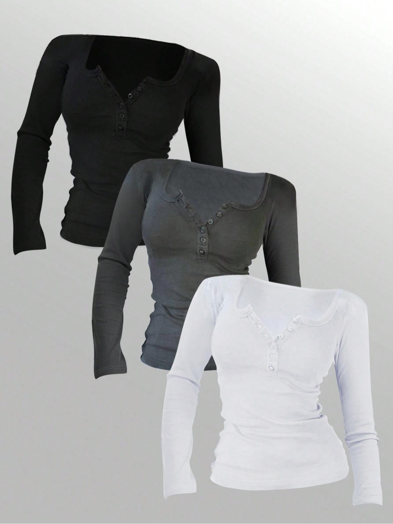 3pcs Autumn And Winter Women'S Casual Fashion Sporty Tee Set, With Multi Button Design, Solid Color Round Neck Long Sleeved Top, Athleisure Wear Set