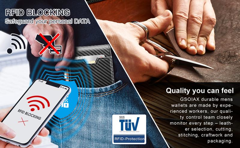 GSOIAX Mens Slim Wallet with Money Clip,RFID Blocking Minimalist Genuine Leather Carbon Fiber Wallet, 11 Card Slots Bifold Credit Card Holder With Gift Box