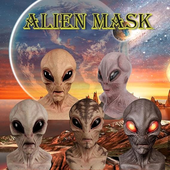 Halloween Alien Latex Mask - Unisex Adult Mature Space Element Cosplay Horror UFO Skull Helmet, Carnival Dress-Up Party Costume Prop Accessories for Novelty Toy Enthusiasts