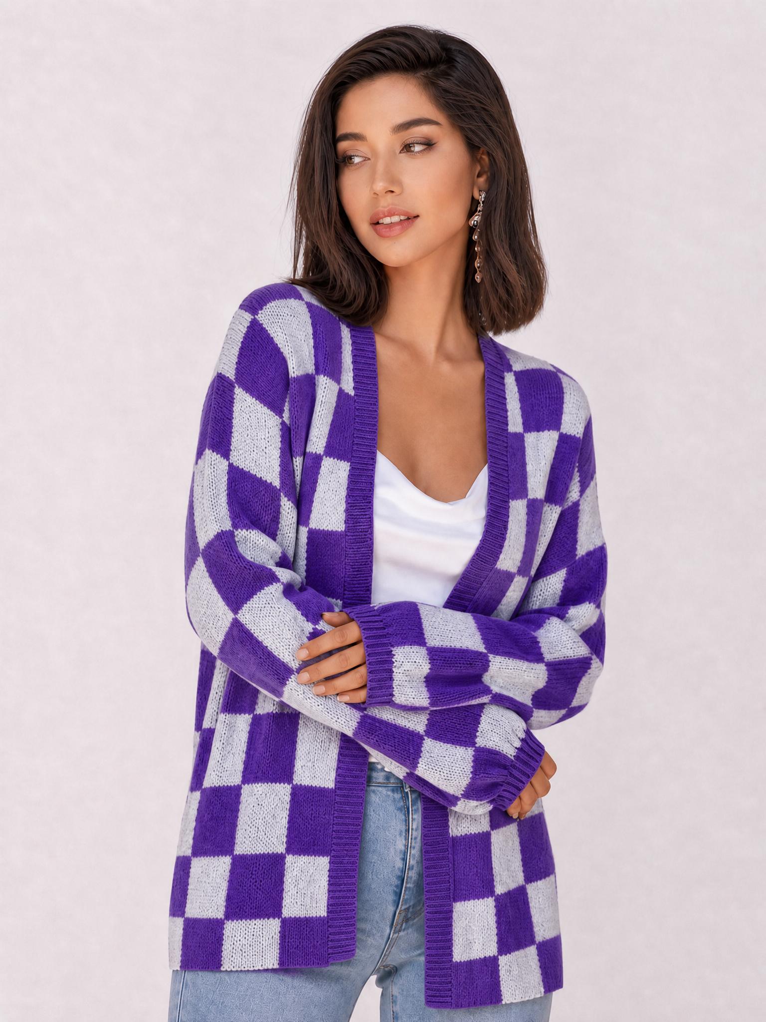 Plus Size Women's Plaid Knit Cardigan, V Neck Open Front Loose Fit Long Sleeve Sweater Coat, Fall & Winter Casual Outerwear Plus Size Women's Plaid Knit Cardigan, V Neck Open Front Loose Fit Long Sleeve Sweater Coat, Fall & Winter Casual Outerwear