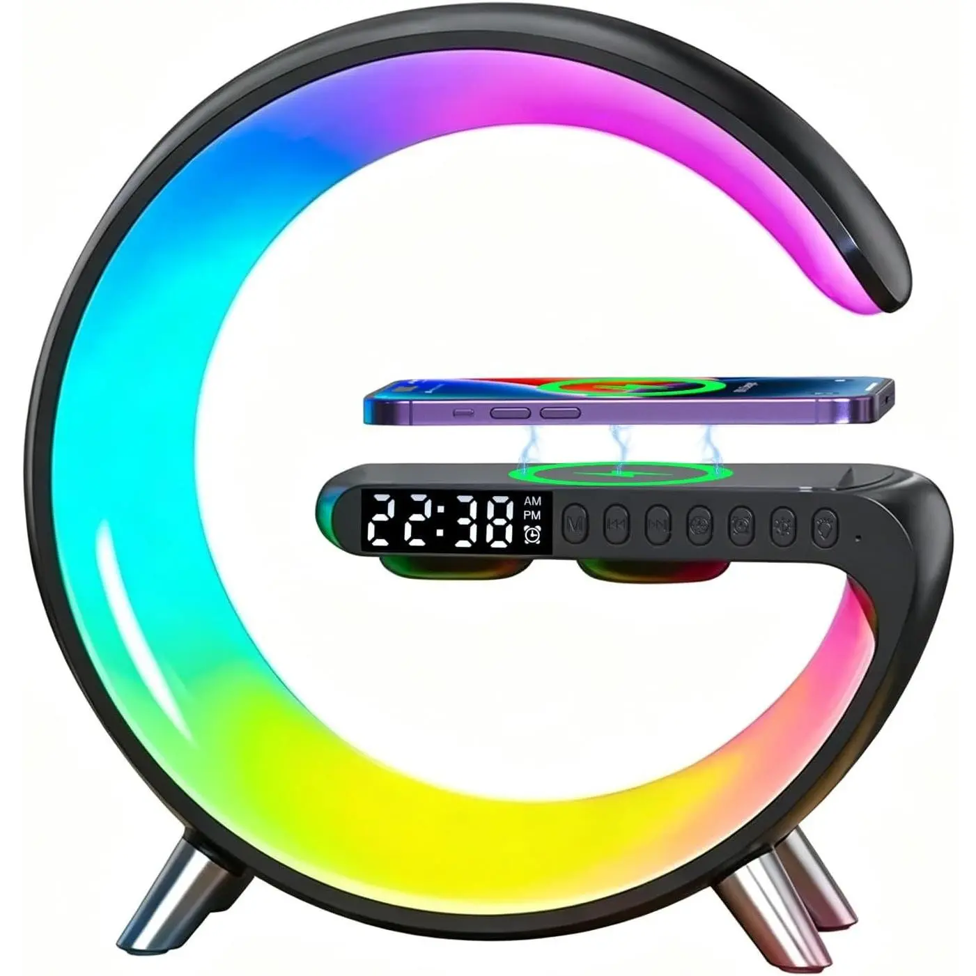 4-in-1 Smart LED Table Lamp with Alarm Clock, Bluetooth Speaker, Wireless Charger, App Control, Night Light, Fast Charging Station for Bedroom Decor, Gift for Teens