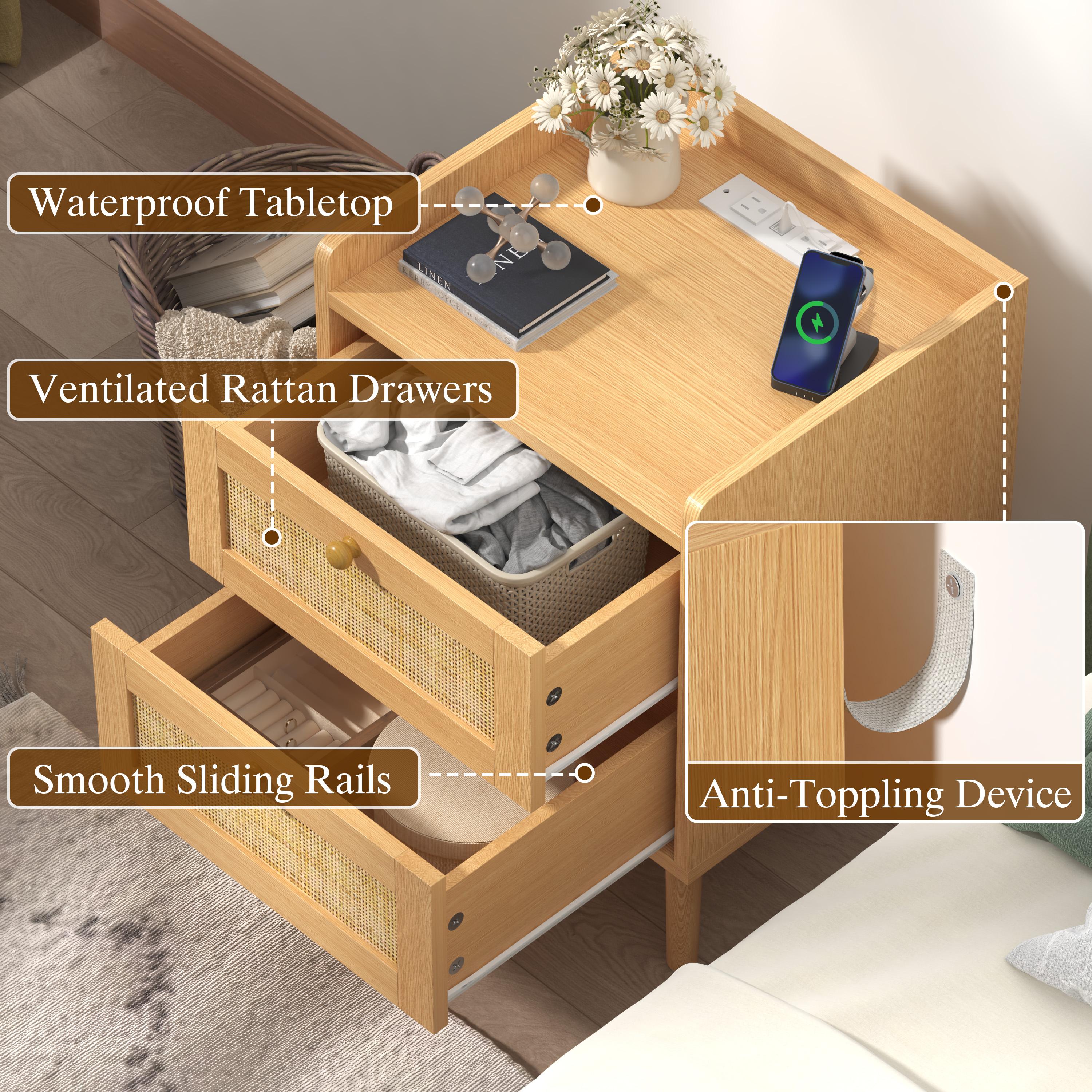 Rattan Nightstand with Charging Station, Rattan Boho End Table with 2 Drawers Bedroom Bedside Side Tables Natural Night Stand for Living Room,Bedroom,Dorm Room Essentials Rattan Nightstand with Charging Station, Rattan Boho End Table with 2 Drawers Bedroom Bedside Side Tables Natural Night Stand for Living Room,Bedroom,Dorm Room Essentials