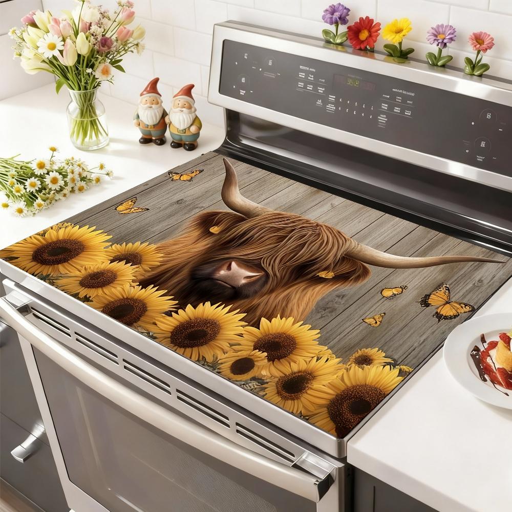 Soft Electronic Stove Panel Protector Pad, Cow Wood Grain Sunflower Design, Scratch Resistant, Easy to Clean, Multi-Purpose Kitchen Cover, Stove Plate