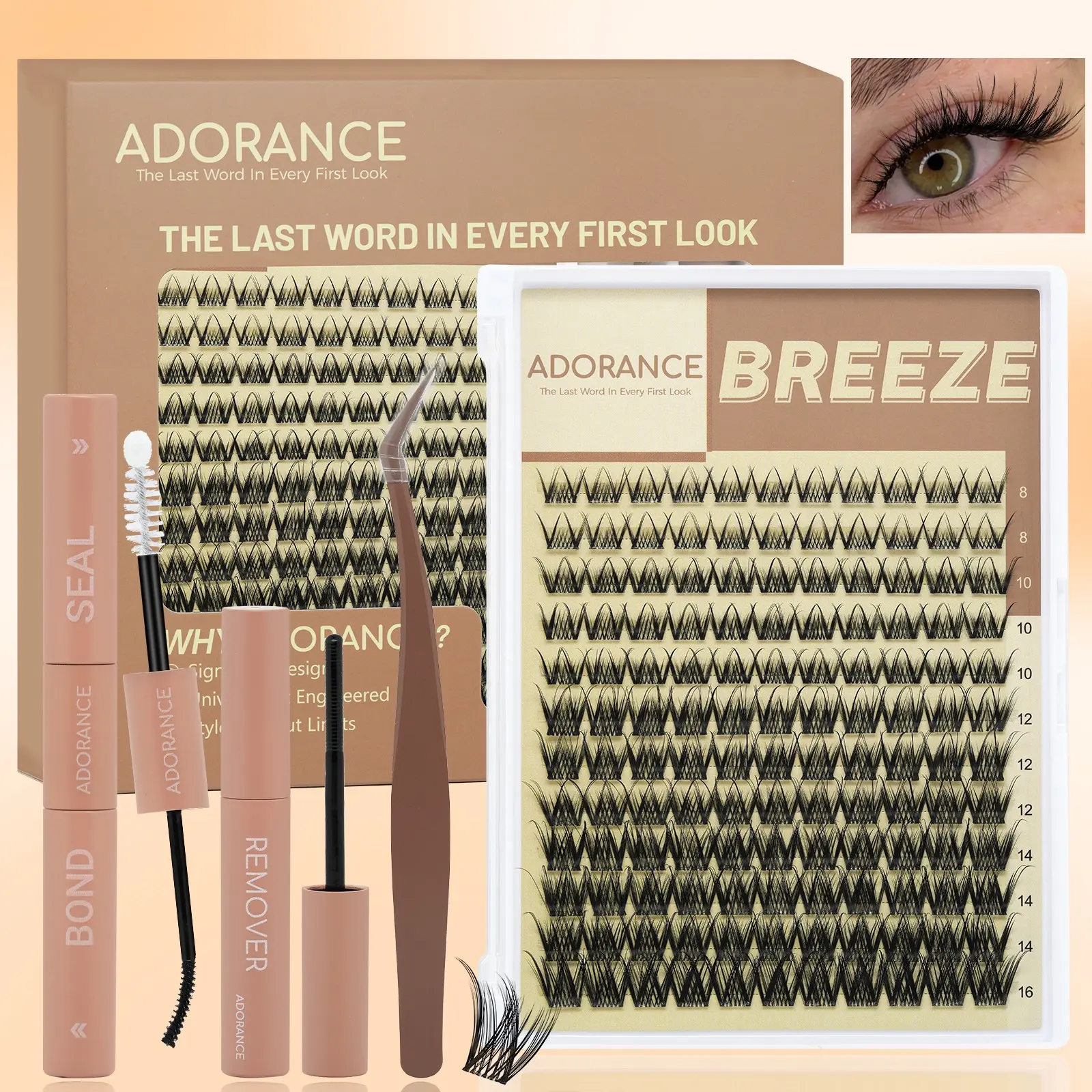 ADORANC Breeze Lash Clusters Kit with Bond & Seal, Remover & Lash Applicator, Wispy Fluffy D Curl Eyelash Extensions, Lightweight DIY Individual Cluster Lashes for Natural Everyday Look