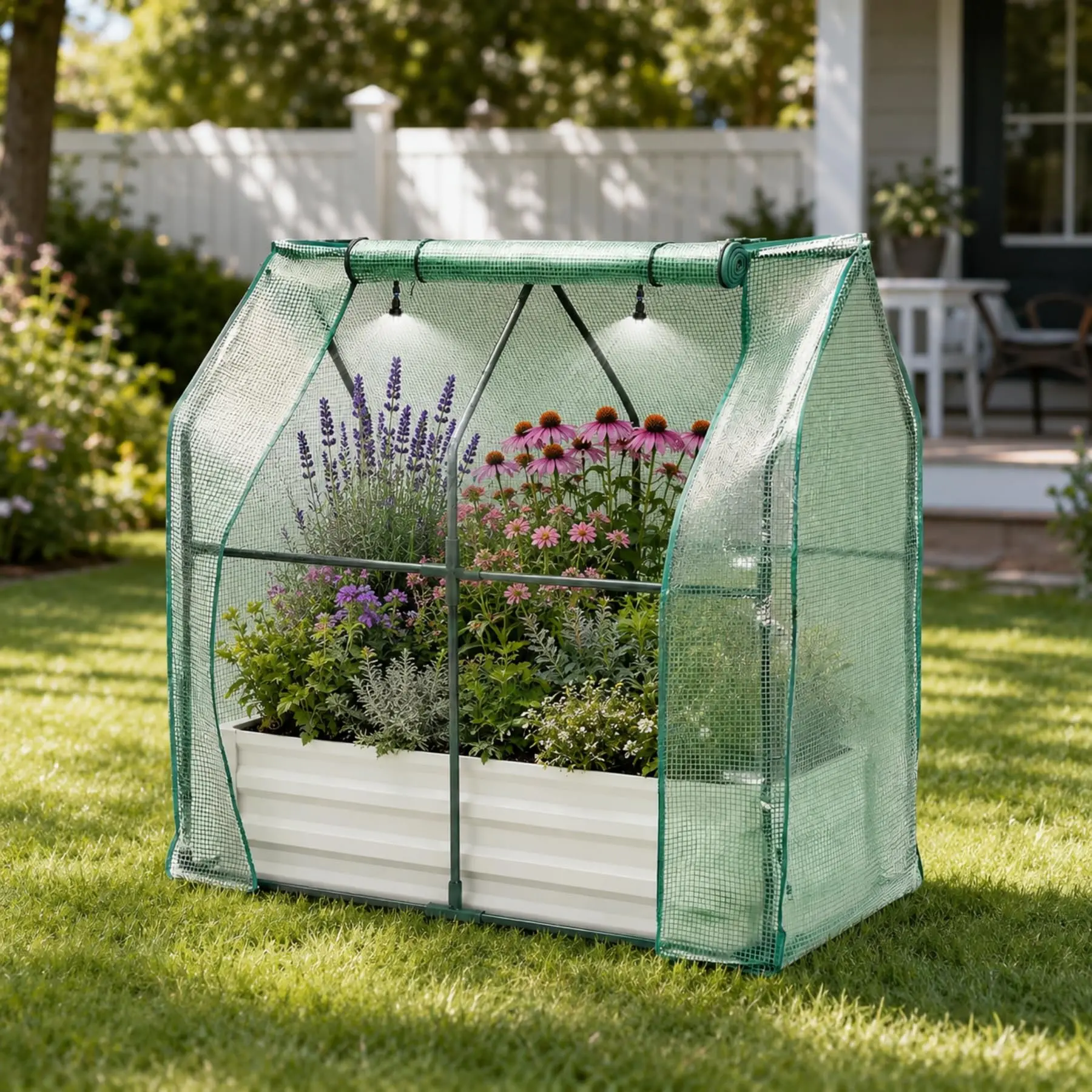 48"x24"x12" 3-in-1 Metal Frame Raised Garden Bed Kit, Garden Supplies Growing Kit with Pitched Roof Greenhouse Cover, Irrigation, Self-Watering System, Insect Mesh, Outdoor Bed Vegetable Planting Box for Flowers