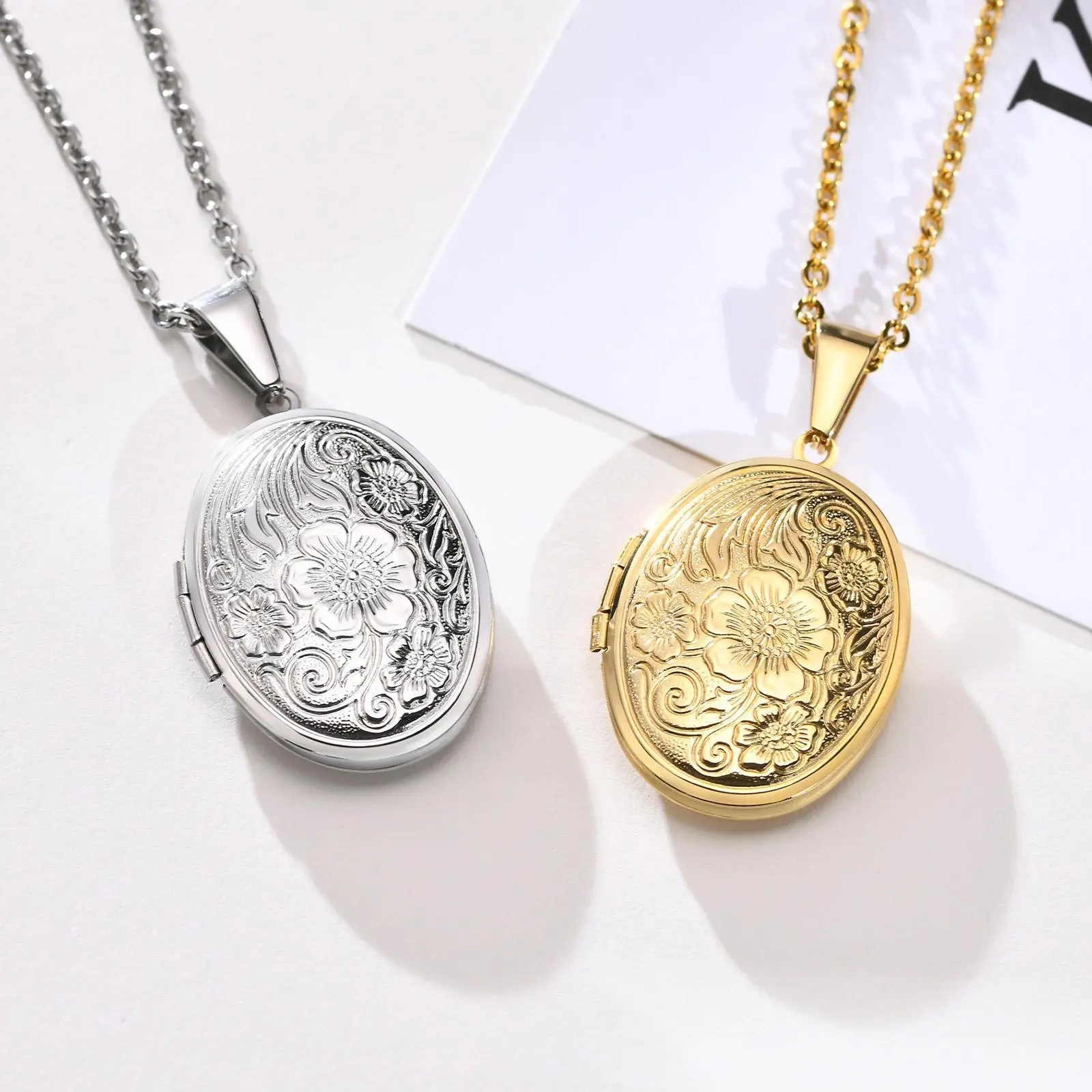 Women's Delicate Floral Oval Heart Locket Pendant Necklace - Stainless Steel Photo Frame, Female Love Keepsake Gift