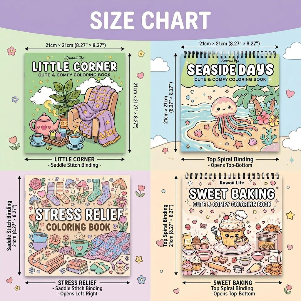 Kawaii Coloring Book Set - 4pcs Little Corner, Seaside Days & Sweet Baking Themes for Stress Relief - High-Quality Opaque Paper, Beginner-Friendly Vibrant Illustrations for Teens, Adults & Elderly - Perfect Gift for Easter, Birthdays & Holidays
