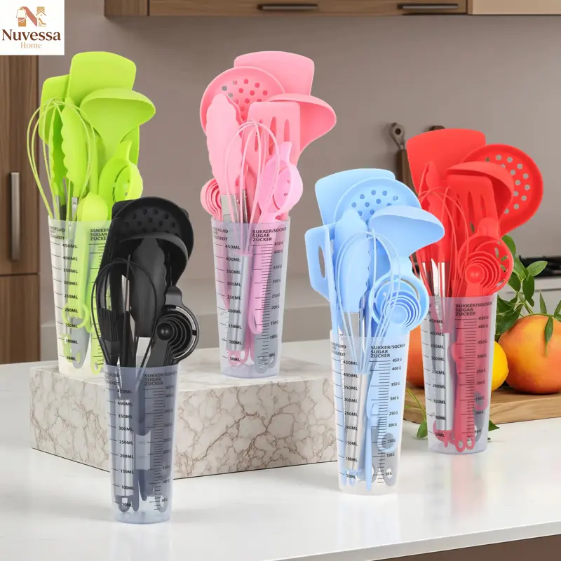 NUVES Aesthetic 16-Piece Premium Silicone Utensil Full Set - Heat-Resistant, Non-Stick Tools with Stainless Steel Turner, Solid Spoon, Slotted Spoon, Whisk, Ladle, Tongs, Spatula, Measuring Cup, Egg Separator & Organiser, Supplies