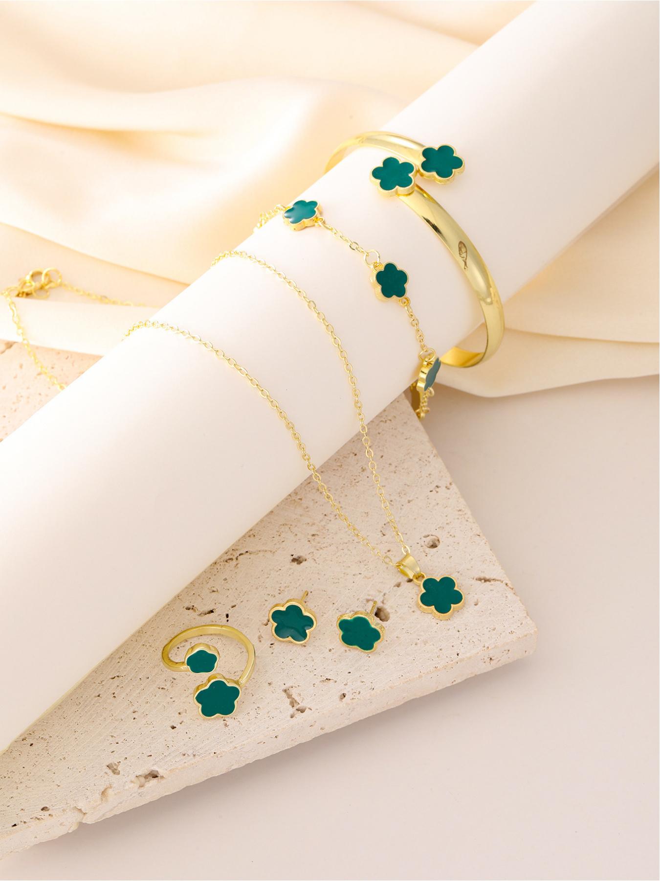 Flower Design (5-piece set), 2025 Summer Clothing Women's Solid Color Bracelet Necklace Bracelet Ring Bracelet, Party, Daily Clothing Decoration, Birthday Gift Jewelry, Party Preparation Bracelet, Fashion Bracelet