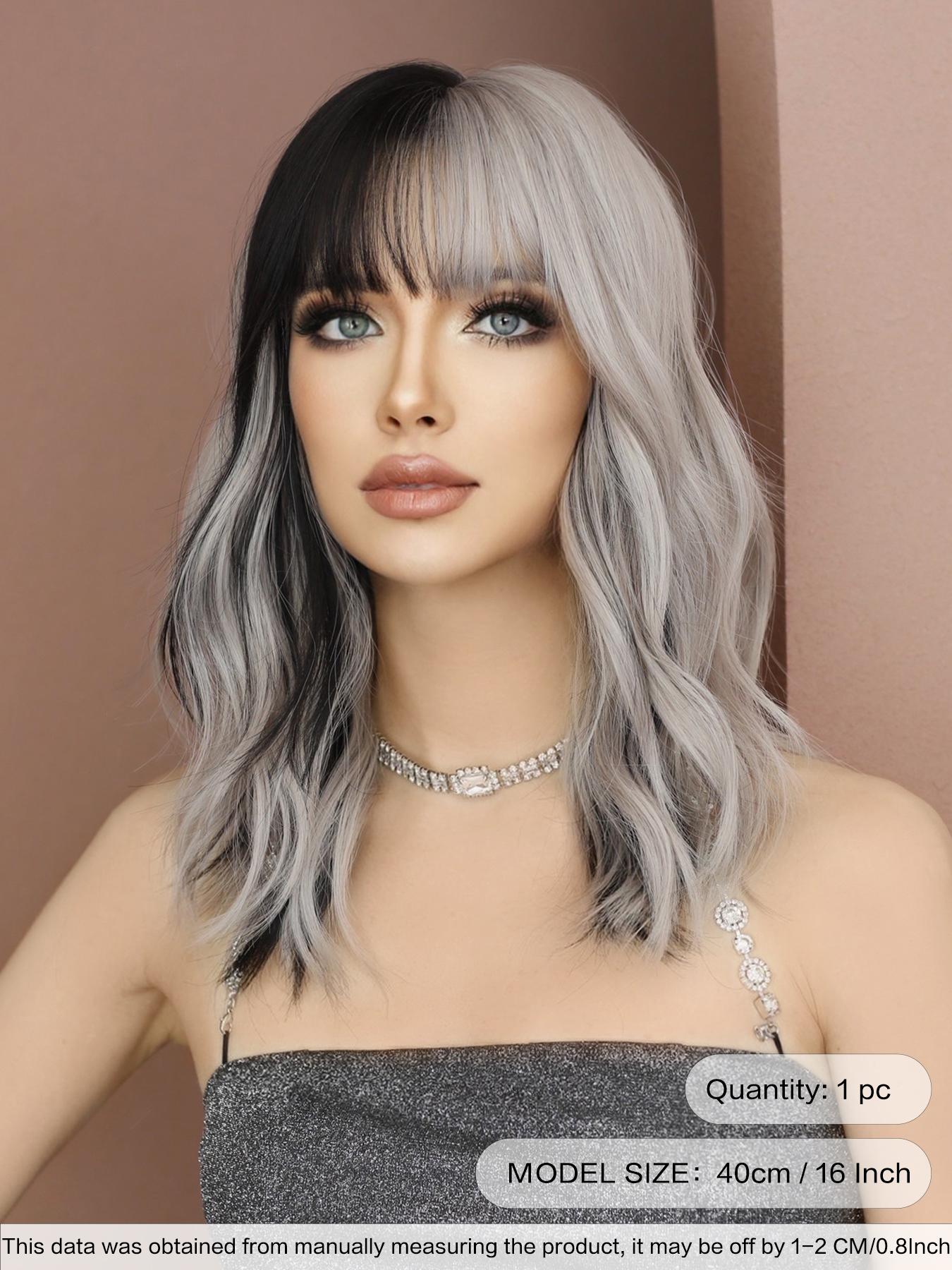 Two Tone Wig Silver Ash Pink Curly Wigs For Women 16 Inch Shoulder Length Wavy Wig With Bangs Synthetic Heat Resistant Fiber Beautiful Fluffy Wigs For Girls Daily Party Cosplay Use Beginner Birthday Gifts Synthetic Wavy Hairstyle ( Black Highlight Hair )