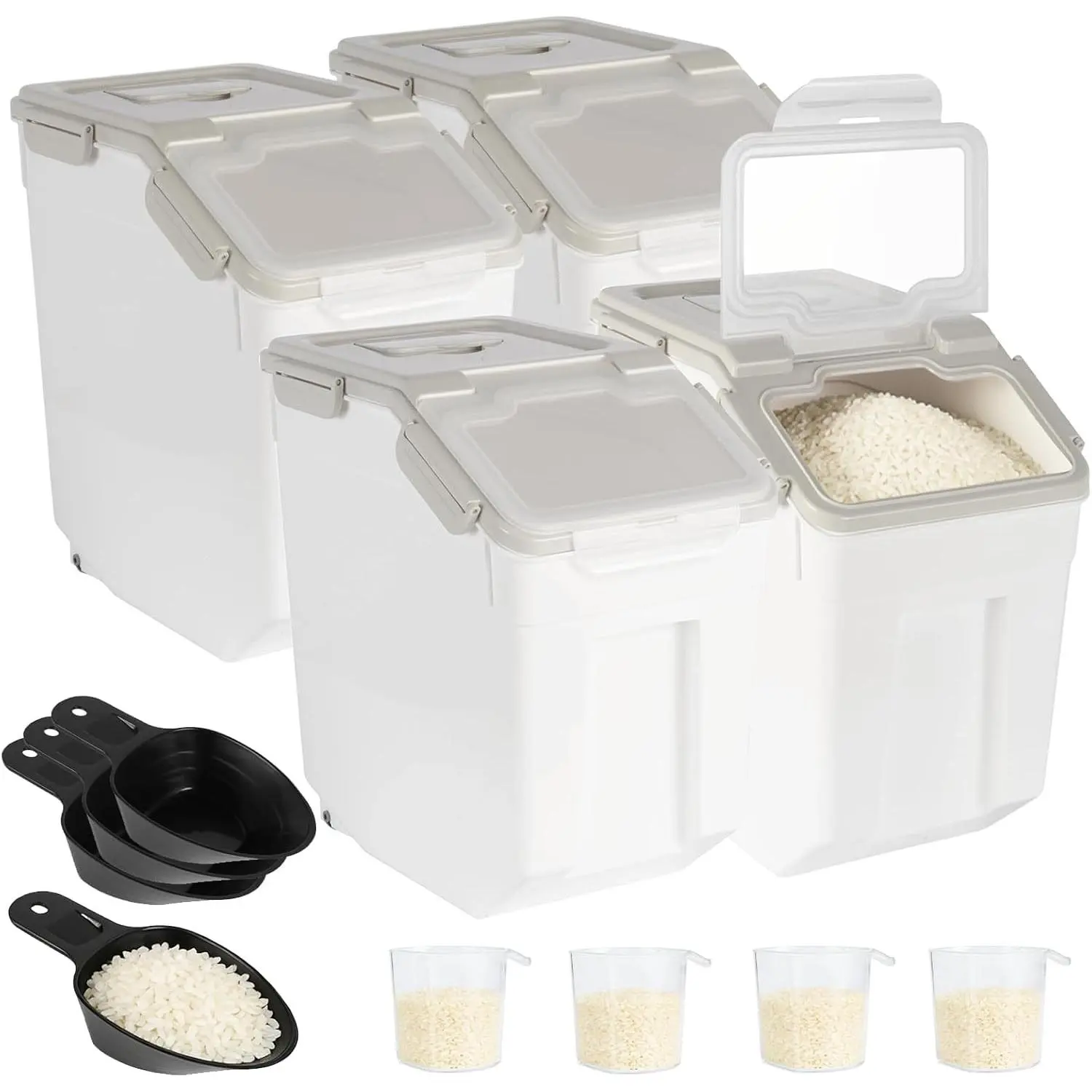 4 Pack Rice Container 25 lbs Large Bulk Flour Sugar Storage Plastic Grain Cereal Dry Goods Bin with Spoon and Measuring Cup for Kitchen Pantry Organization - Grey