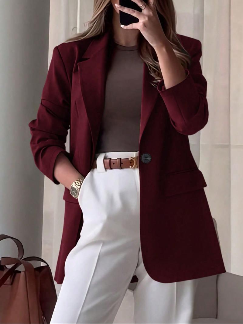 Women's Winter Solid Color Blazer Jacket, Stylish Pockets & Lapel Design, Loose Fit for Office & Daily Wear, Essential Winter Clothing