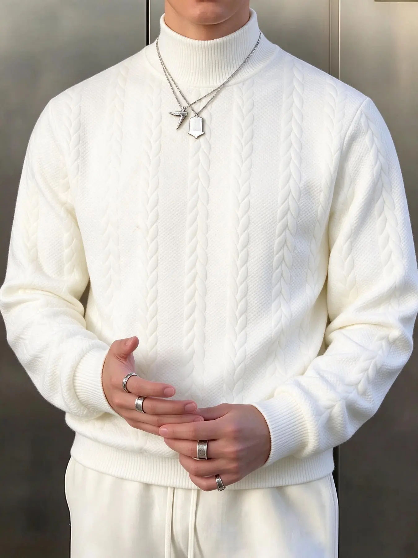 Men's Turtleneck Cable Knit Sweater, Solid Color Textured Long Sleeve Pullover, Slim Fit Casual Knitted Jumper for Fall Winter Daily Street Wear