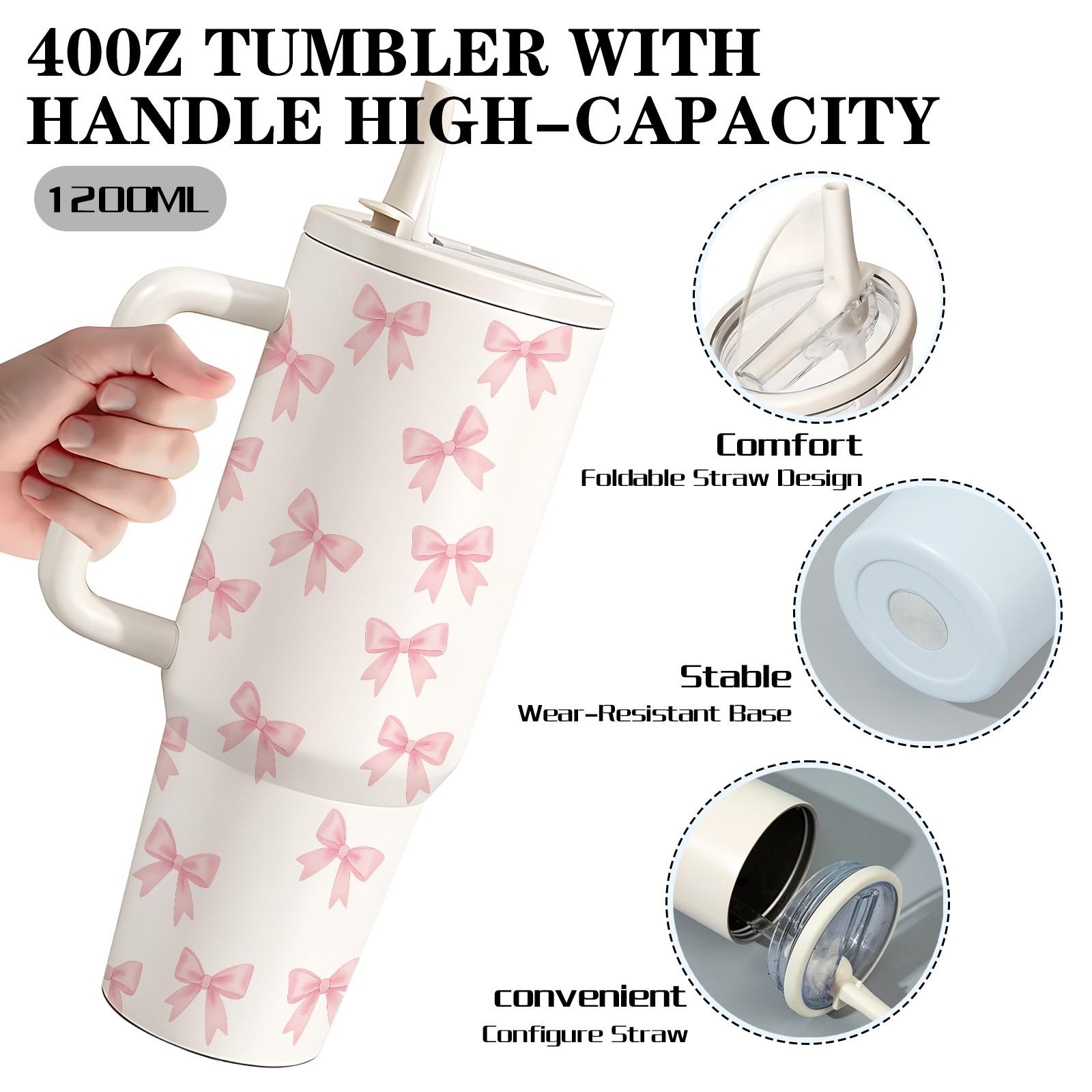 1 Pc 40 Oz Stainless Steel Water Cup with Handle and Folding Straw, Cute Pink Ribbon Bow Pattern Design, Double Wall Insulated Thermal Mug, Hot 12H / Cold 24H, Fun Drinkware, Easter Mother’s Day Birthday Holiday Gift for Friends.