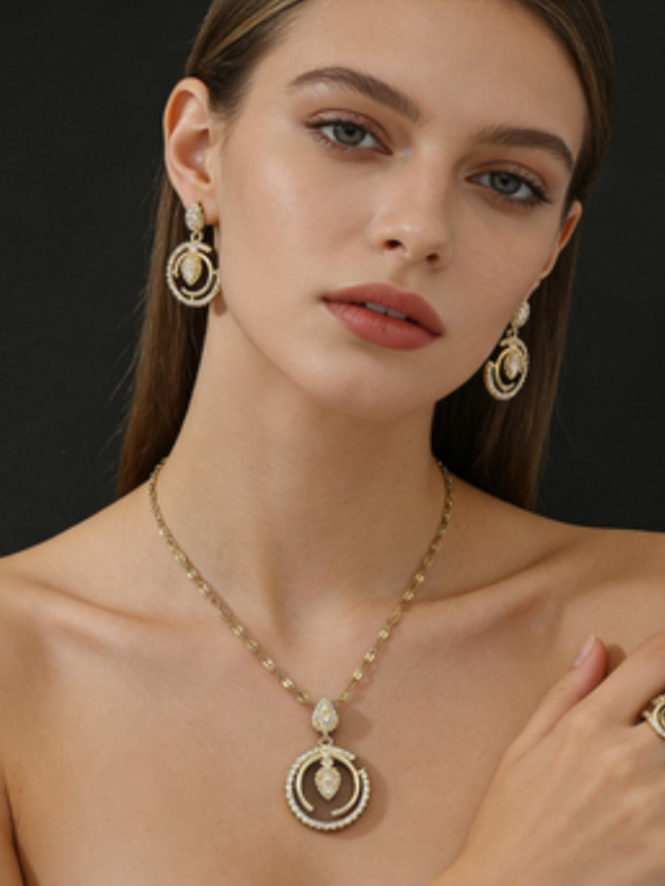 Women's Jewelry Set, 4-Piece Drop Pendant Necklace, Earrings, Ring, Letter C Zircon Pendant, Perfect for Weddings, Holiday Gifts