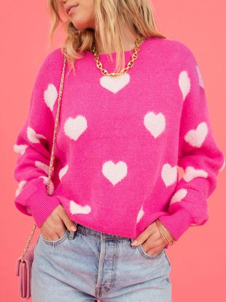 Women's Heart Print Round Neck Sweater, Casual Long Sleeve Crew Neck Jumper, Women's Knitwear For Daily Wear, Womenswear, Tops