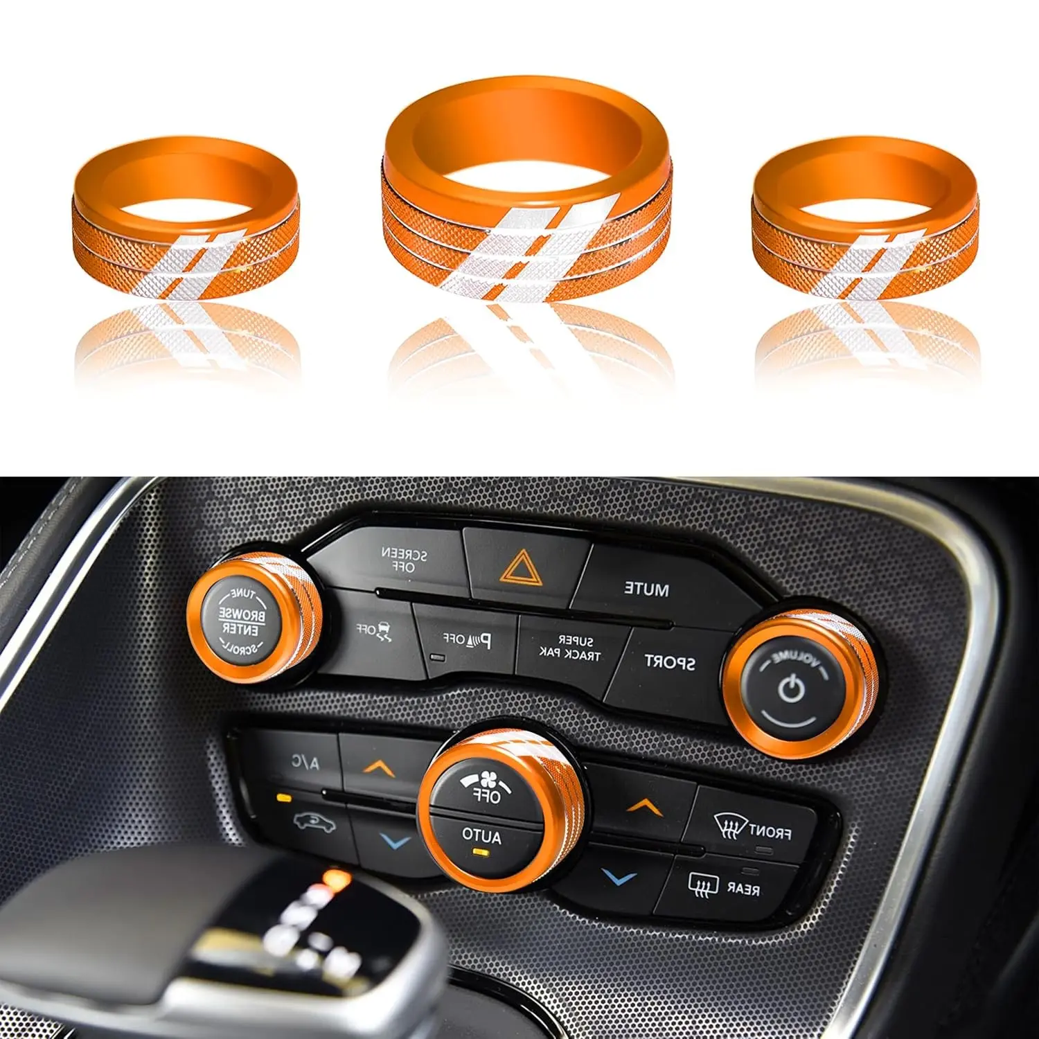 3PCS Aluminum Control Knob Cover for Dodge Challenger Charger 2015-2024 AC Climate Switch Volume Tune Button Knob for Chrysler 300 300s 2015-2024 RAM 2013-2018(Orange)