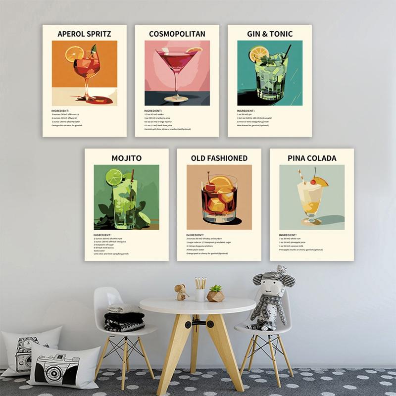 Cocktail bar art kitchen poster, vintage oil painting canvas print of wine and beverages, minimalist wall decoration, atmospheric gift suitable for bars, restaurants, dining areas, and home décor, frameless.