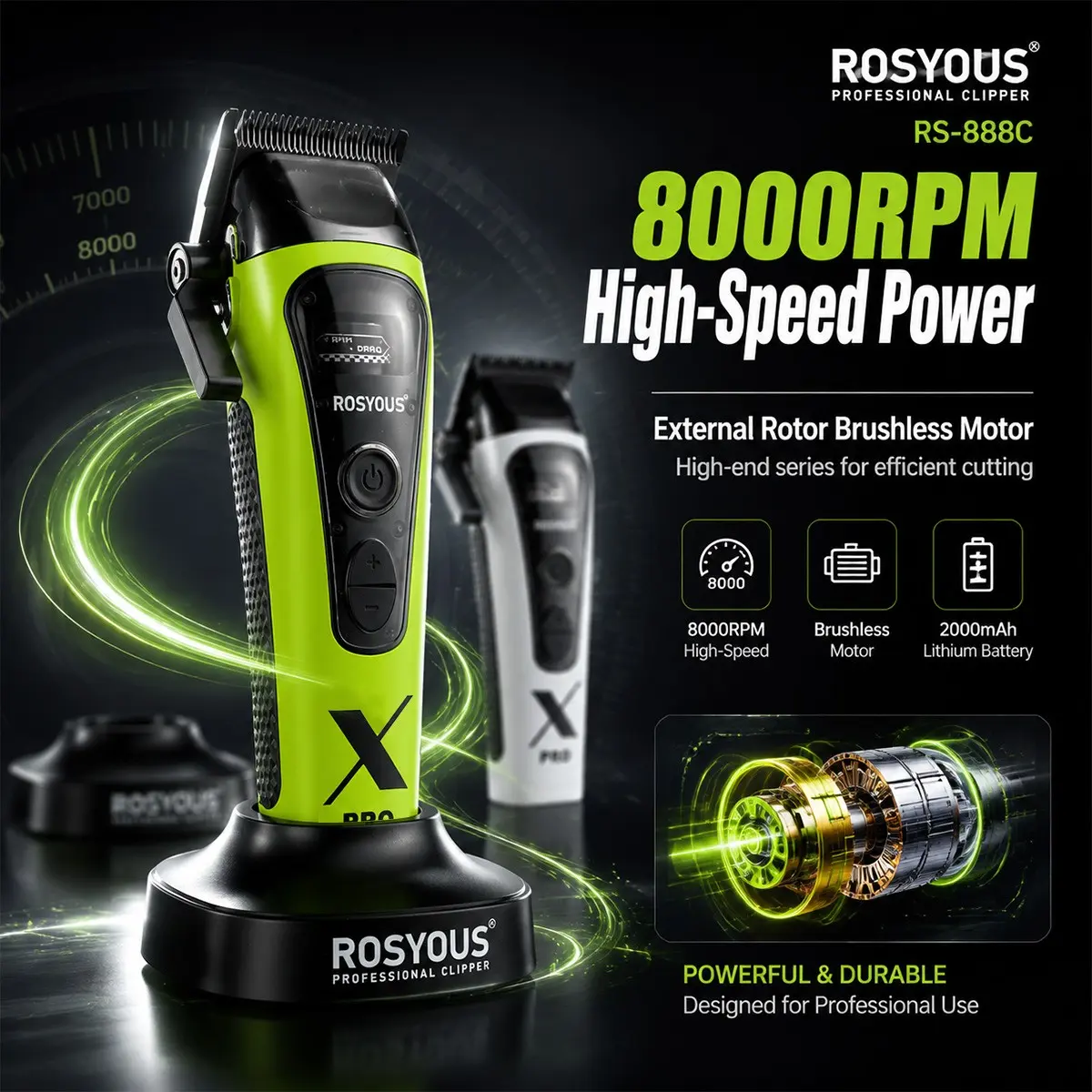 ROSYOUS RS-888C Clippers for Men 8000RPM DLC Blade with Dock External Rotor Brushless Motor Professional Hair Cutting Machine