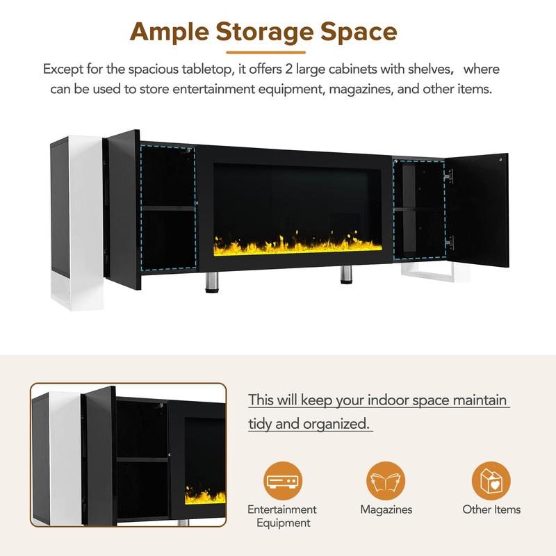 Modern TV Stand with 34.2" Non-Heating Electric Fireplace, High Gloss Entertainment Center with 2 Cabinets, Media Console for TVs up to 78" (Black)