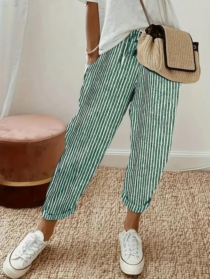 Women's Striped Print Pocket Elastic Waist Pants, Casual Comfy Trousers for Daily Wear, Ladies Bottoms for All Seasons