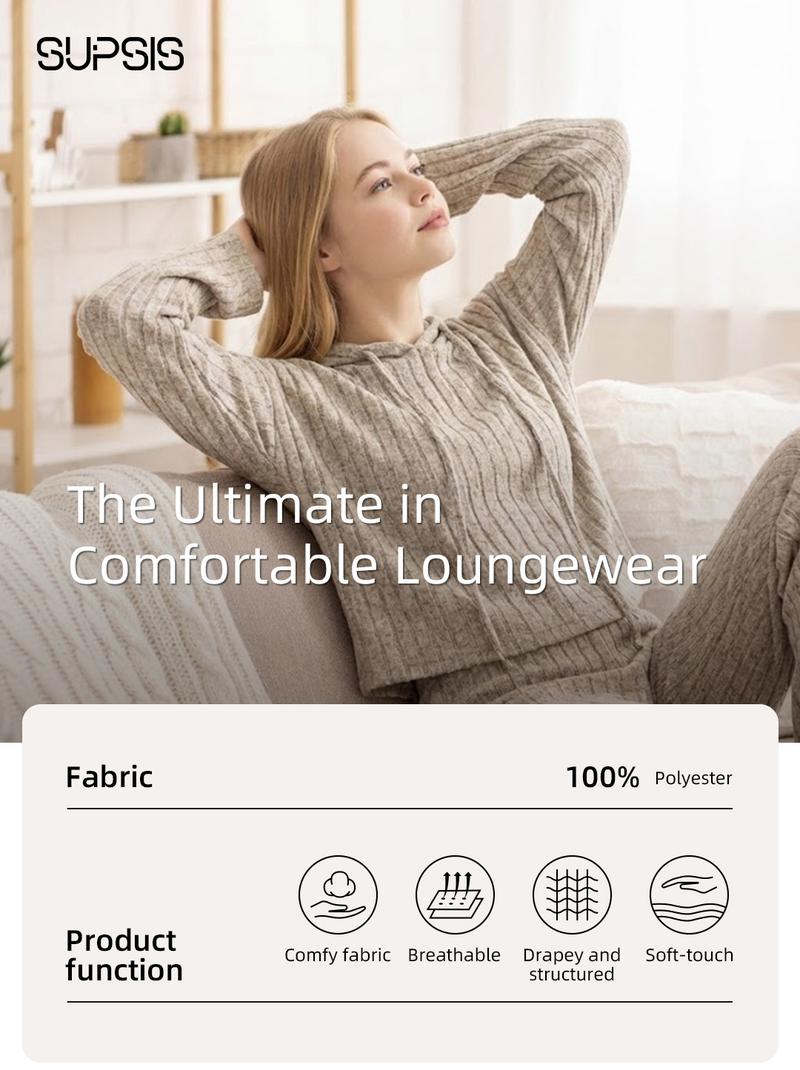 Women's Casual Knit Long Sleeve Tracksuit, Hooded Sweatshirt & Elastic Wide Leg Trousers Co-ord, Loose Fit Set, Casual Fashion Set, Loungewear For All-Seasons, Streetwear style Daily Wear, Pjs for Fall&Winter, Cozy Womenswear, Christmas Pajama Set