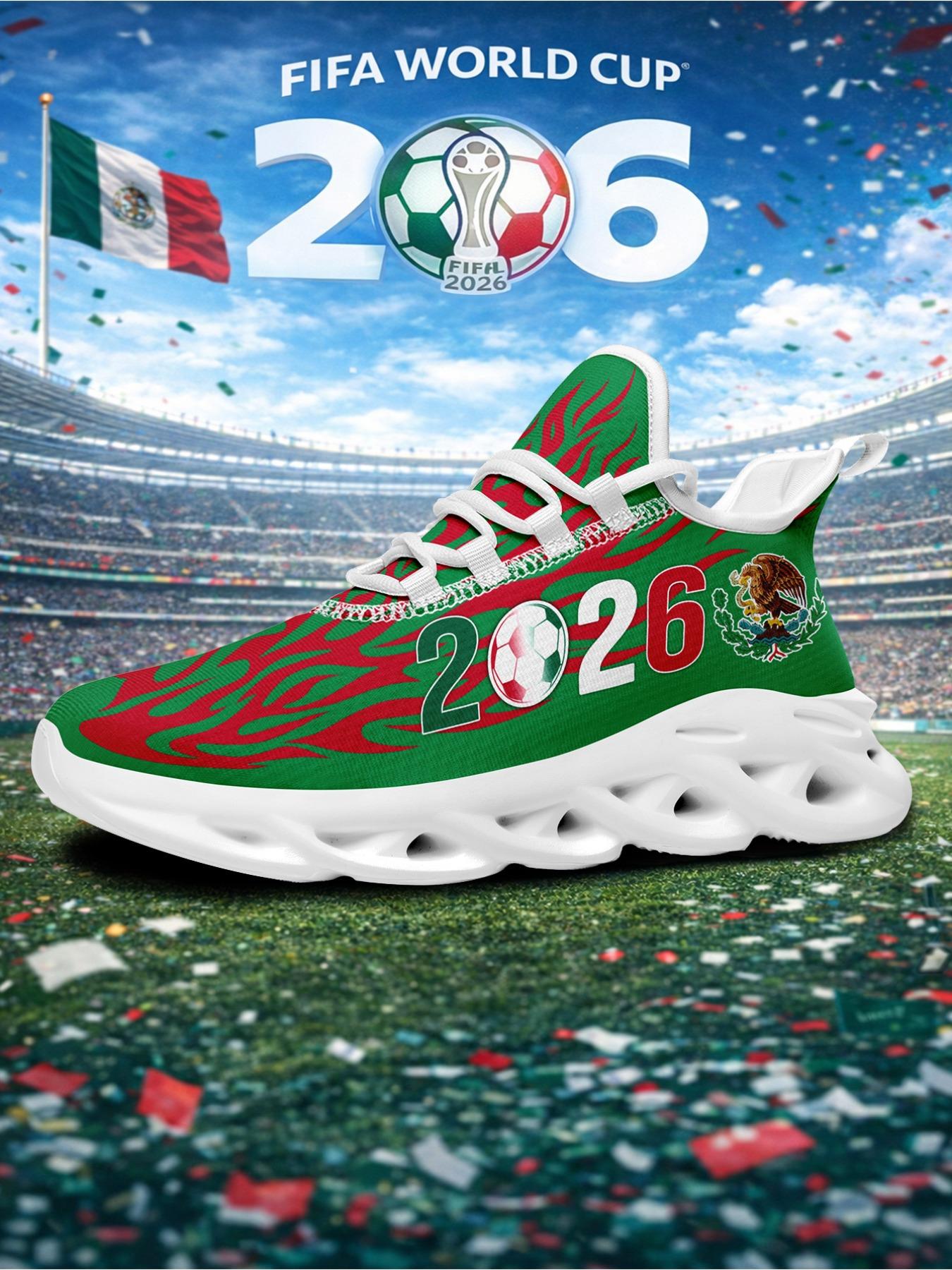 Men's Mexico 2026 Green Red Flame Soccer Eagle Print Sport Shoes, Wide Fit, Plus Size, Trendy Casual Sneakers for Daily Walking, Gym & Outdoor