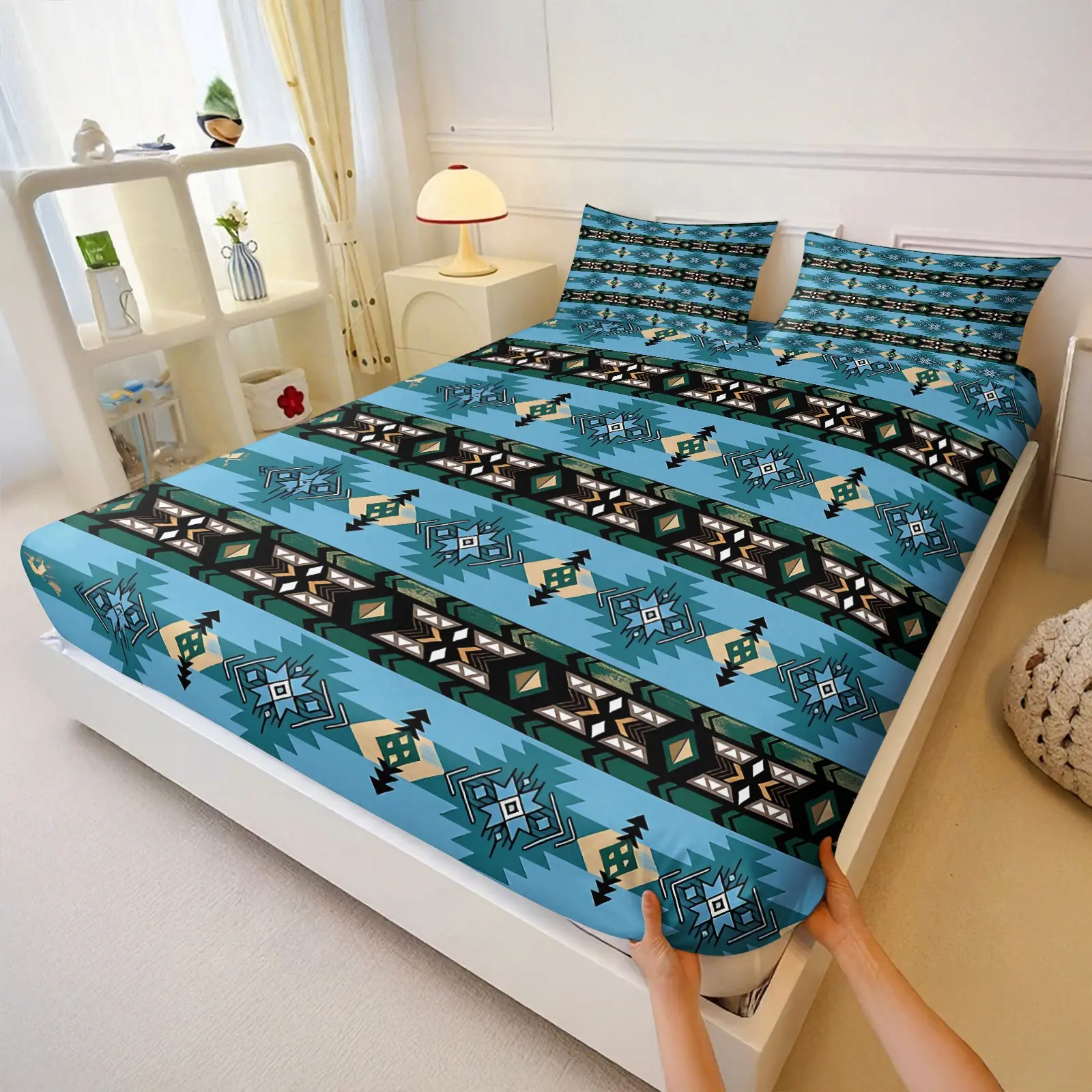 Boho Aztec Geometric Fitted Sheet Set, Soft Breathable Deep Pocket Bed Sheet & Pillowcases, Tribal Pattern Bedding for Bedroom Home Decor, Boho Sheets