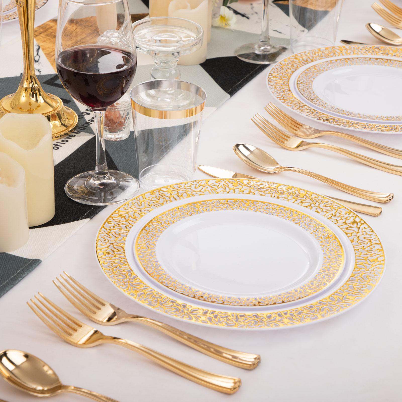Clear/Gold/Silver/Rose Disposable Plates and Silverware Set: Dinner Plates,Dessert Plates, Cups, Knife, forks, spoons-Perfect for Party