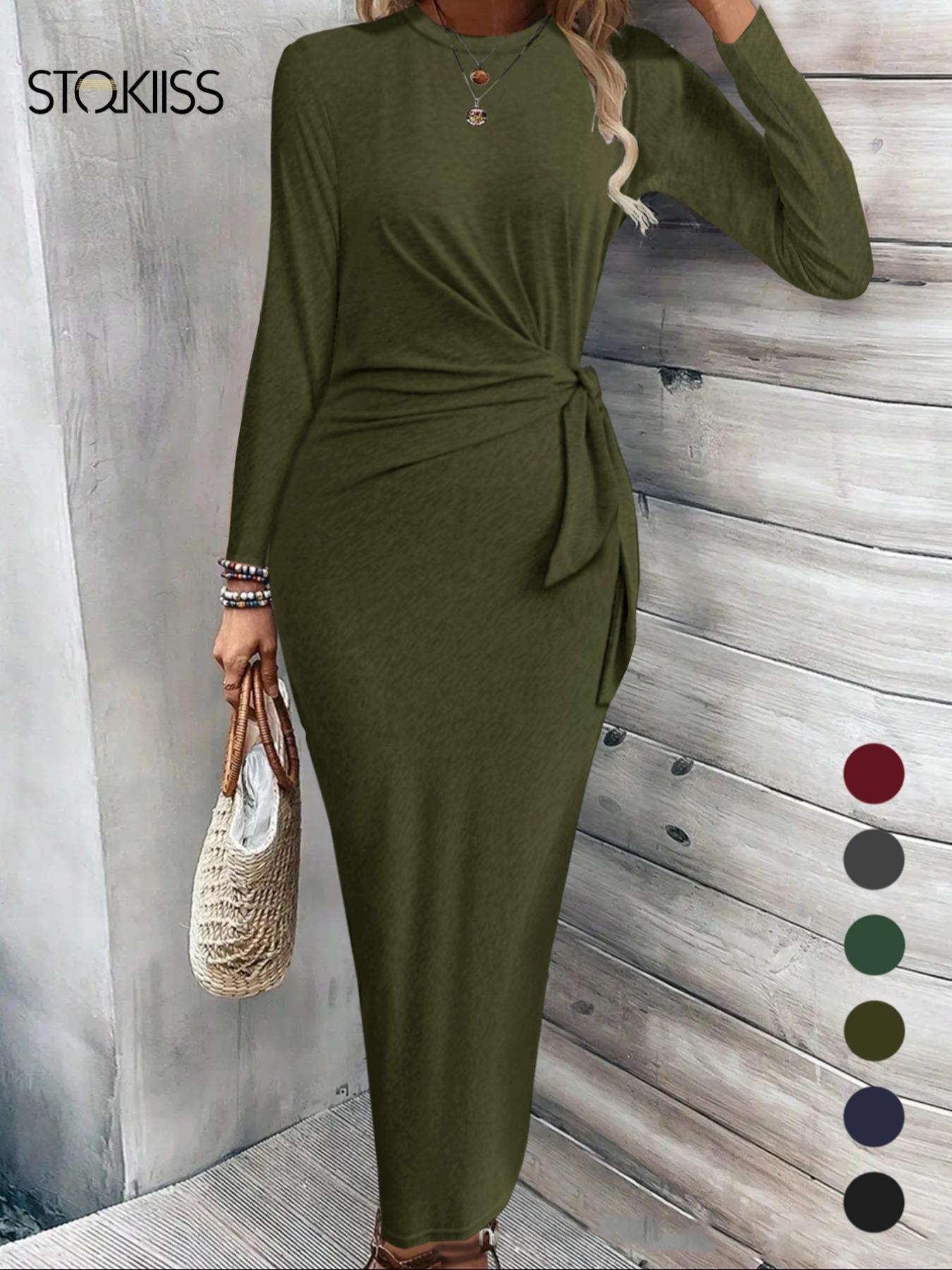 Women's Plain Knot Front Long Sleeve Bodycon Dress, Casual Round Neck Maxi  Dress for Fall & Winter, Women's Clothing for Daily Wear, Womenswear -  TikTok Shop