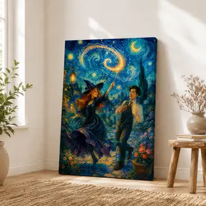 Witch and Wizard Couple Under Starry Sky Vertical Canvas Wall Art, Magical Fantasy Poster, Home Decor for Living Room Bedroom, Available as Unframed Canvas Poster or Framed Canvas Wra