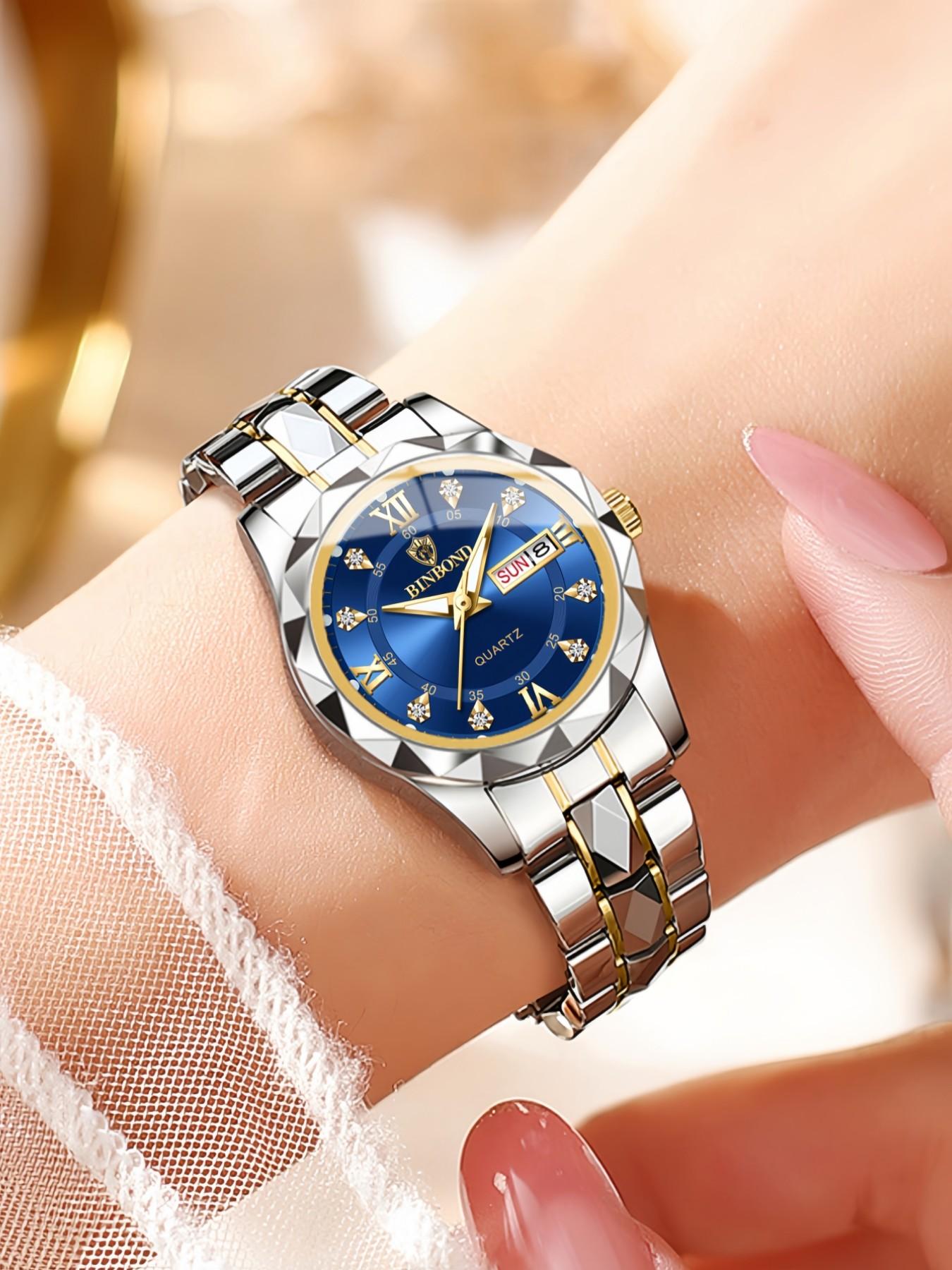 Women's Fashion Round Dial Stainless Steel Strap Quartz Watch, Rhinestone Decorated Watch, Rhinestone Embellished Watch, 30m Waterproof Watch with Calendar Function, Trendy All-match & Exquisite Watch for Birthday Gift with Box