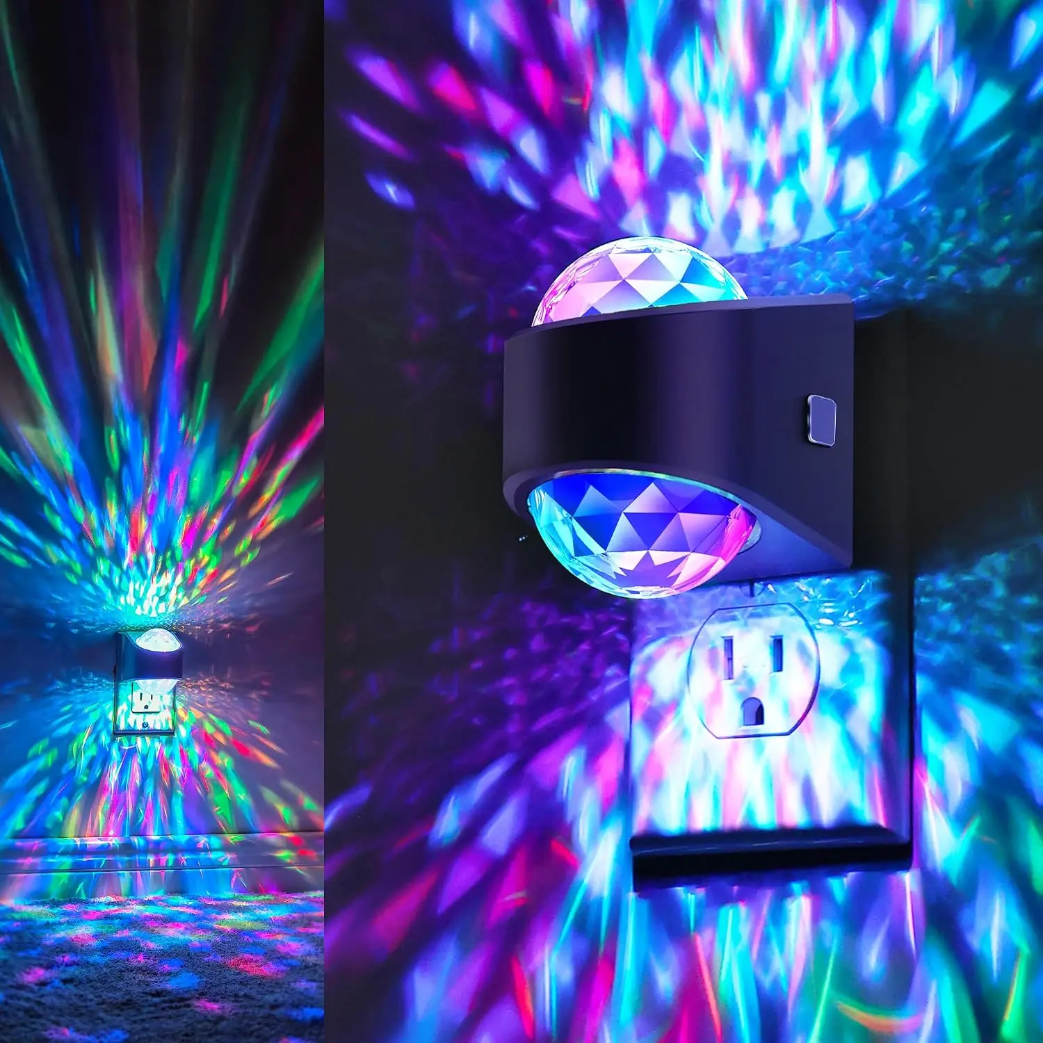 RGB LED Disco Ball Night Light with Dusk-to-Dawn Sensor, Plug-In Dual-Head Ambient Light Projector for Bedroom, Gaming Room and Holiday Decor