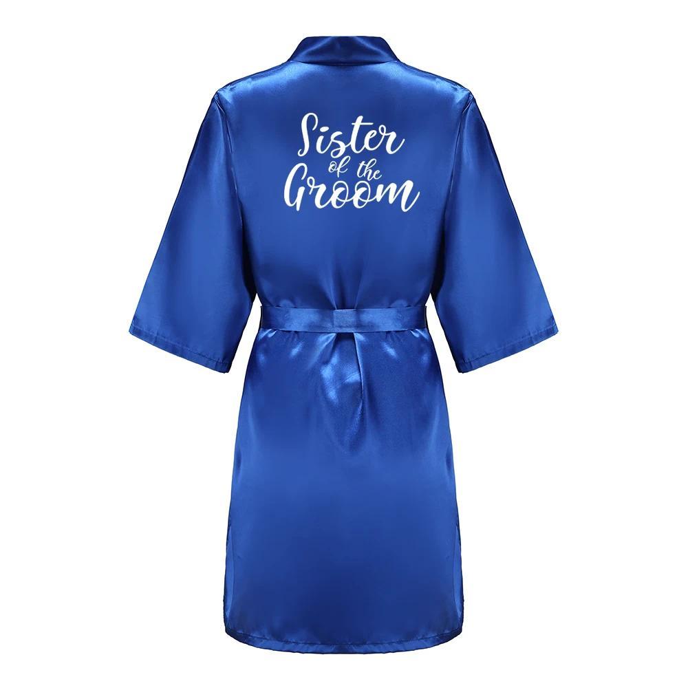 Team Bride Satin Kimono Lounge Robe, Royal Blue Bridesmaid Bathrobe with White Letters, Wedding Party Stress Relief Loungewear