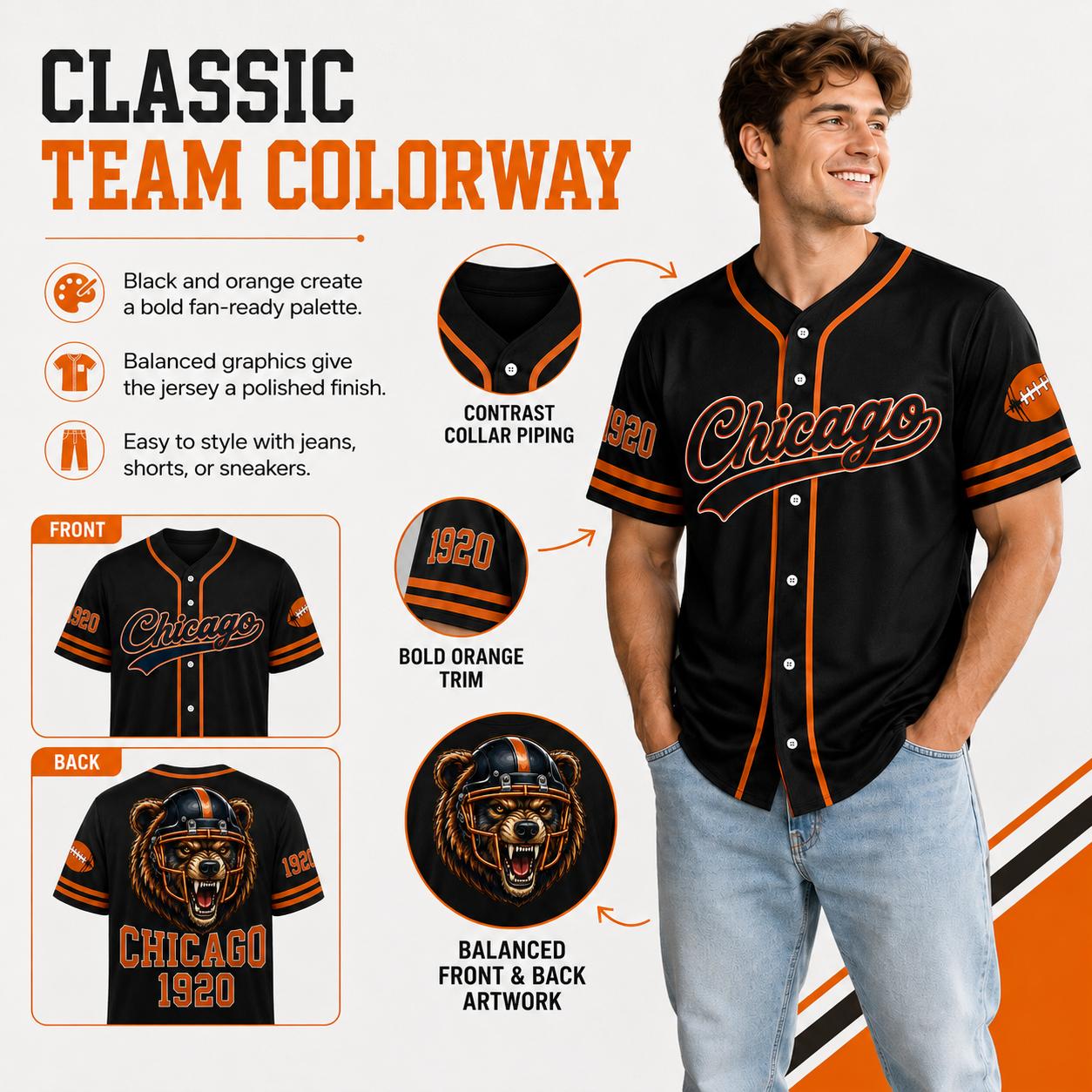 Unisex Regular Fit Button Front Football Team Baseball Jersey, Short Sleeve Game Wear Game Day Top for Football Lovers, Black/Orange/Navy Sport Casual Everyday Outfit - Multiple Colors Available