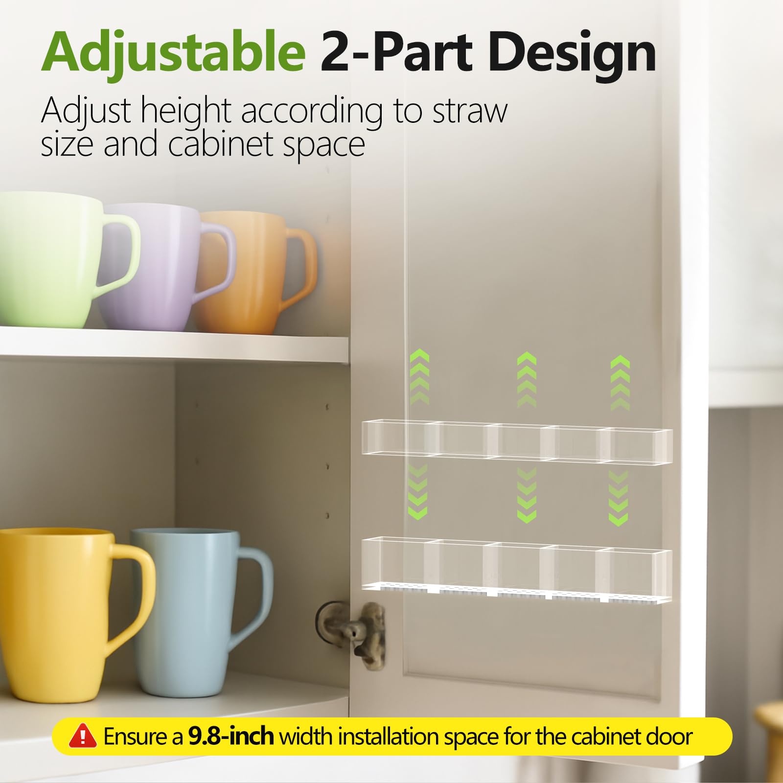 Straw Holder for Cabinet Door, 9.8” Adjustable Two-Part Large Acrylic Straws Organizer with Ultra Sticky Adhesive Strips, 2025 Reusable Straw Storage for Kitchen Drawer(Transparent)