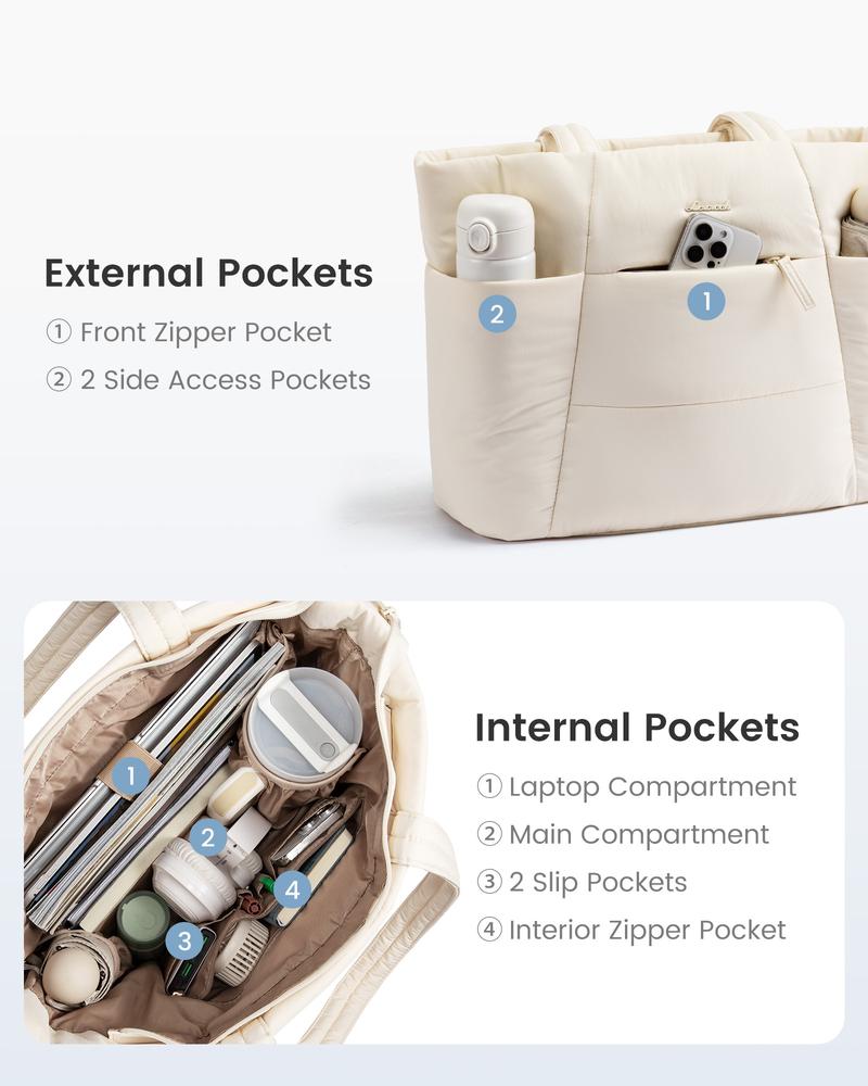 【Valentine's Day Gift】LOVEVOOK Fall Puffer Tote Bag for Women, Large Down Work Handbag, Lightweight and Easy to Carry Shoulder Bag, Can Hold 15.6-inch Laptop, Multiple Compartments Suitable for Teachers, Nurses, Travel, Daily Use，