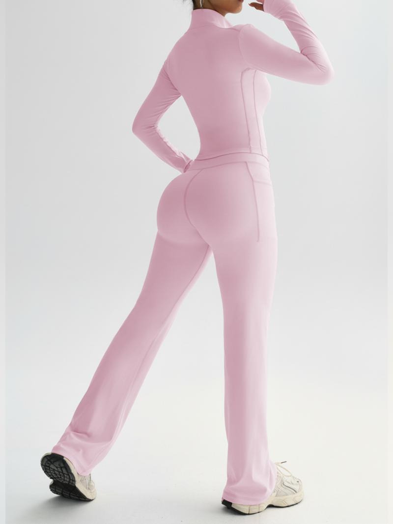 Women's High Stretch Quick-Dry Breathable Long Sleeve Top and Wide Leg Pants Set, Sporty Plain Design, All Seasons Wear