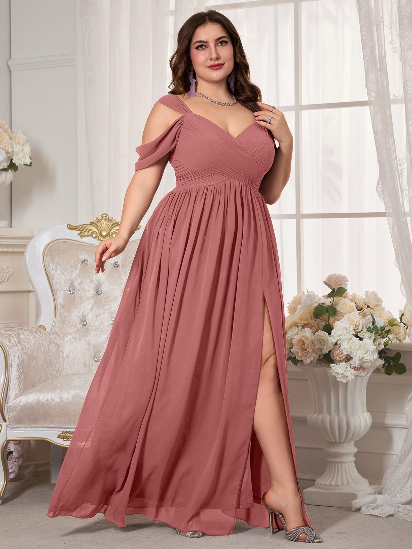 Plus Size Women's V-Neck Backless Waist Cinch Pleated High Split Skirt Maxi Dress, Elegant Chic Lightweight Chiffon Bridesmaid Party Formal Evening Gown, Pleated Dresses